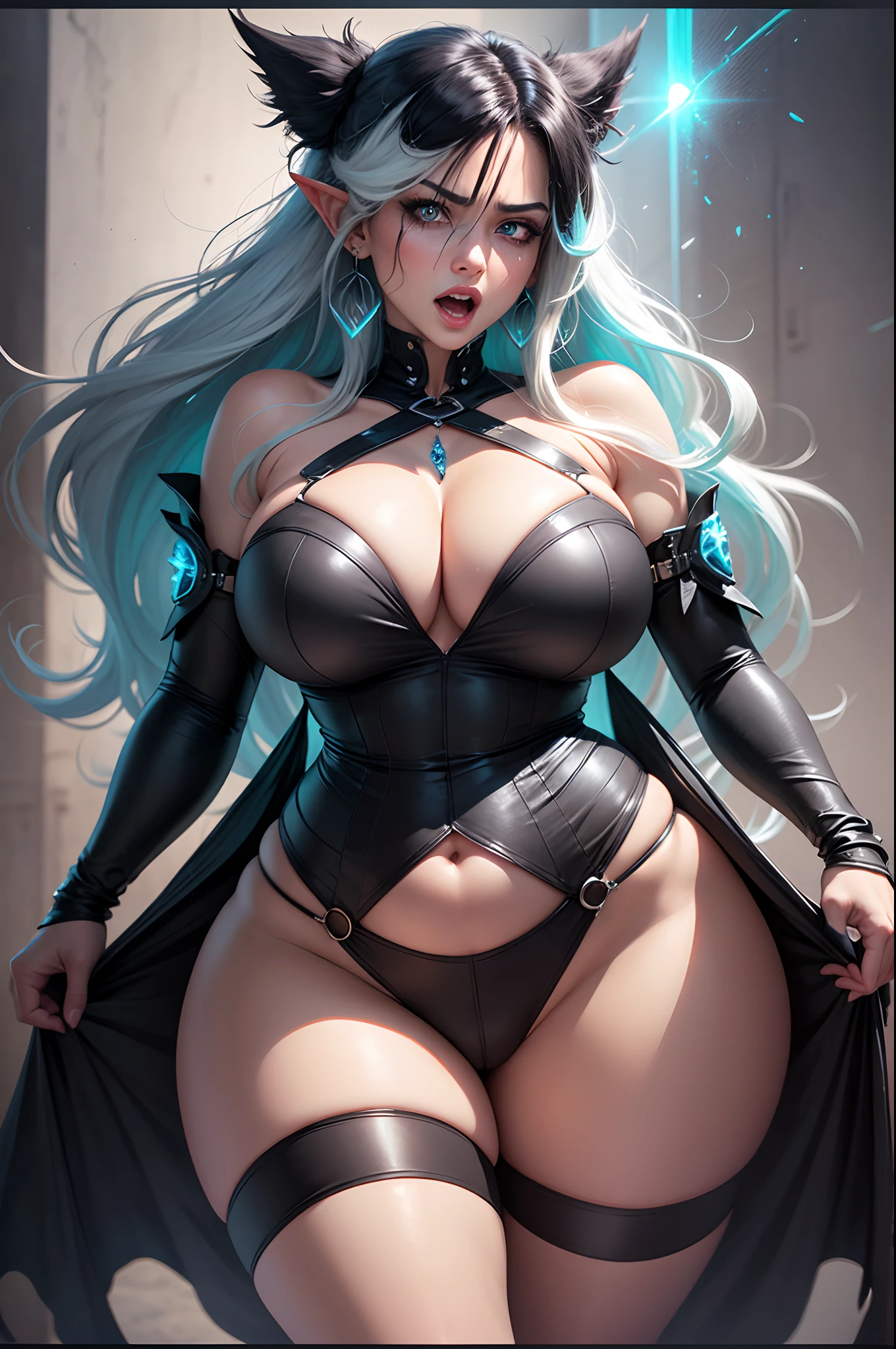 Middle-aged Woman, sexy thunder thighs, sexy voluptuous, large breasts, slimmest waist, sexy mature face, wear summer light blue dress, black hair, glowing eyes, open mouth, blonde hair, white hair, messy hair, very long hair, symbol-shaped pupils, aqua eyes, glowing eyes, pointy ears, earrings, angry, embarrassed, mouth hold, seductive smile, heavy breathing, moaning, torogao, rape face, Gothic art, Realism, UHD, textured skin, super detail, 8k, 16k, high quality