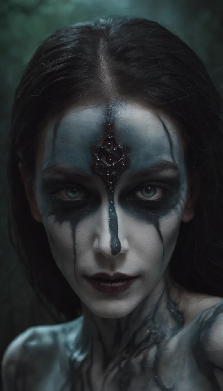 a woman with makeup and makeup art in the dark, photorealistic dark concept art, gothic maiden shaman, dark fantasy mixed with realism, hyperdetailed fantasy character, cyberpunk angry gorgeous druid, fantasy concept art portrait, portrait of a female necromancer, stefan gesell, cyberpunk horror style, dark fantasy character design, 4k concept art and hyper realism