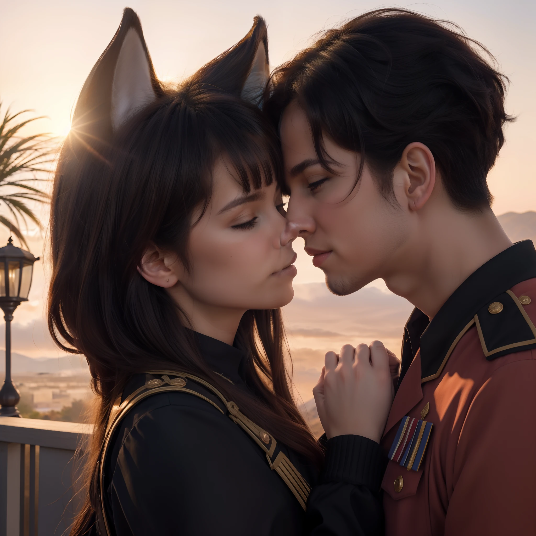 (best quality,4k,8k,highres,masterpiece:1.2),ultra-detailed,(realistic,photorealistic,photo-realistic:1.37), (red military uniform: 1.3), (arabian guy and white european girl: 1.3), girl with wolf ears, mature male with stubble,romantic sunset,love birds,passionate moment,desert background,couples,beautiful silhouette,love in the air,dramatic clouds,golden hour,ethereal atmosphere,light breeze,serene evening,unforgettable kiss,breathtaking view of the desert,orange hues,pink and purple shades,sun fading into the horizon,romantic atmosphere,dreamy colors,luminous glow,soft shadows and highlights,perfectly timed moment,warm and tender mood,desert landscape,love story,unbreakable bond,magical ambiance,emotional connection,horizontal composition,architecture and love,intimate gesture,city lights,start of a new chapter,secluded spot,flickering streetlights,captivating backdrop,love in the big city,eternal love.