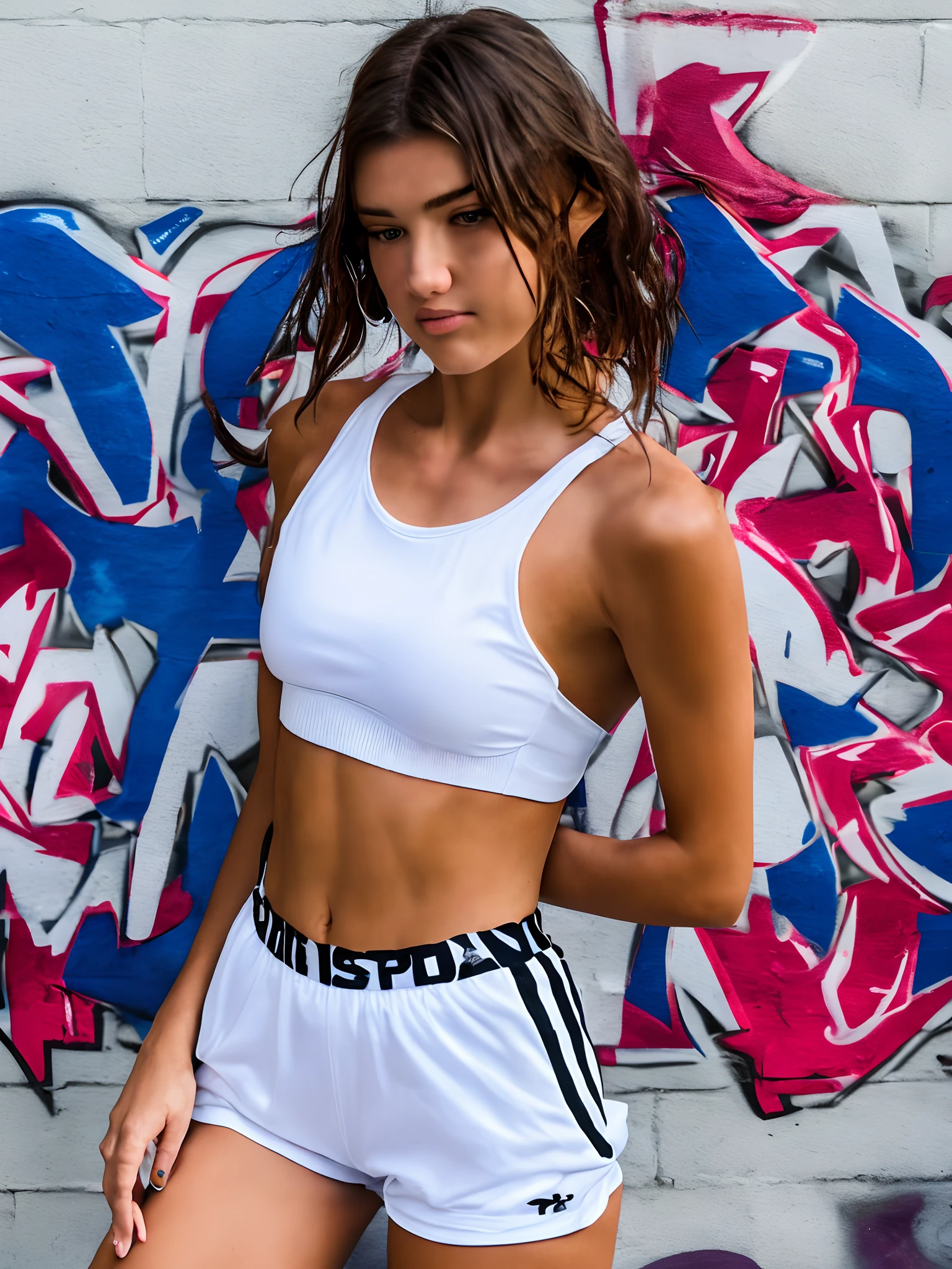 araffed woman in white shorts and a white top posing for a picture, a photo by Mathias Kollros, tumblr, graffiti, bra and shorts streetwear, sport bra and shorts, dressed in a top and shorts, portrait sophie mudd, athletic fashion photography, fit girl, trendy white clothing, model with attractive body, sport bra and dark blue shorts