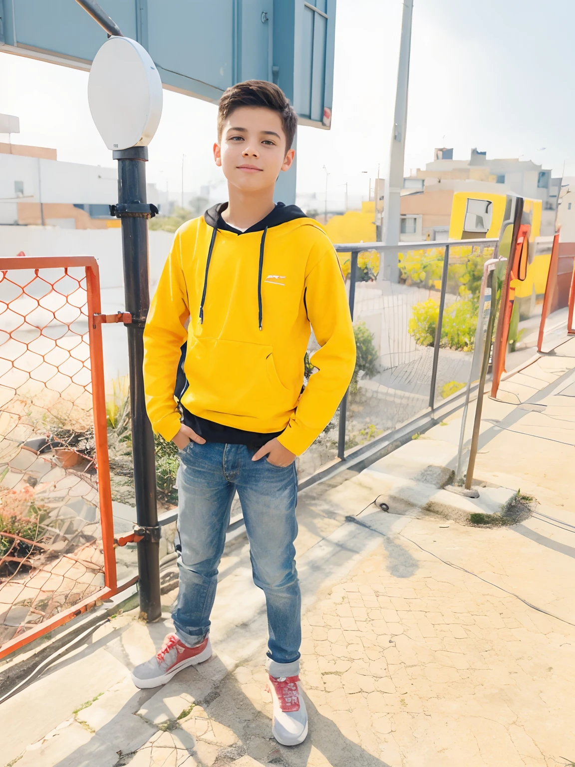 A boy with a car red vine Street futureis tic back ground with a realistic face