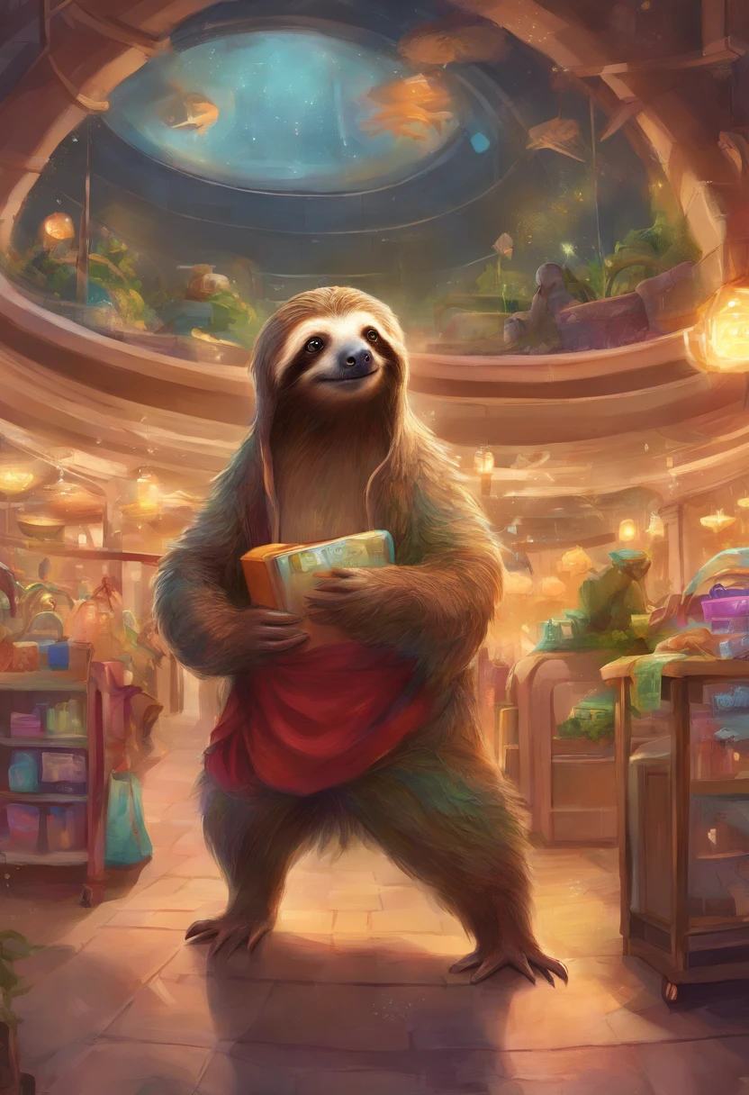 Create a comical mall scene with sloths dressed in human clothing, moving incredibly slowly while shopping for clothes and snacks