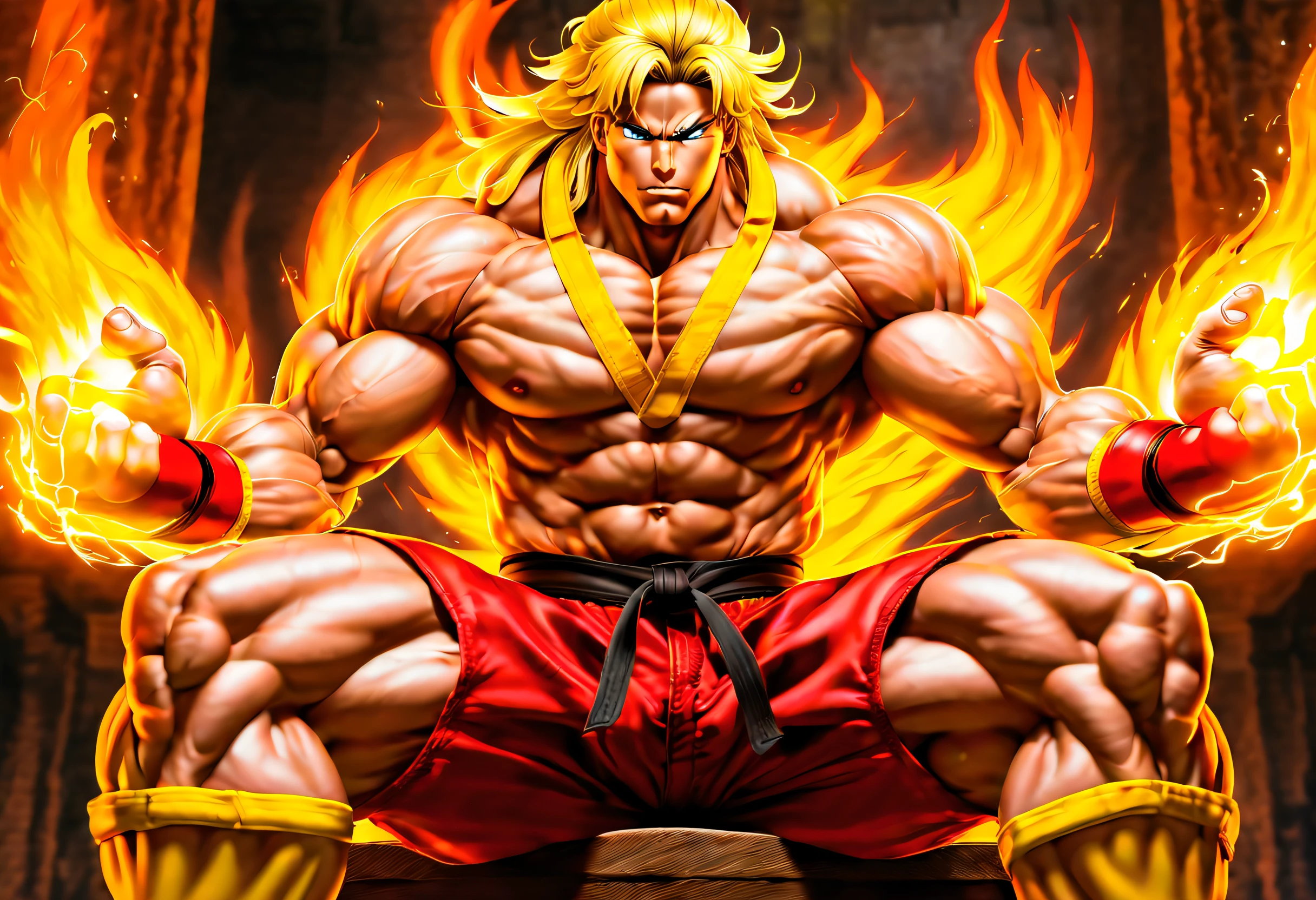 masterpiece,best quality,highres,Ken from street figher, bara, kick into fire ,naked,sitting ,erected big vein, fire aura around hands ,full of masculinity,manly,mature,handsome,huge,muscular,strong,in crimson boxers, street fighter, ken with long yellow hair \(sf\), nsfw