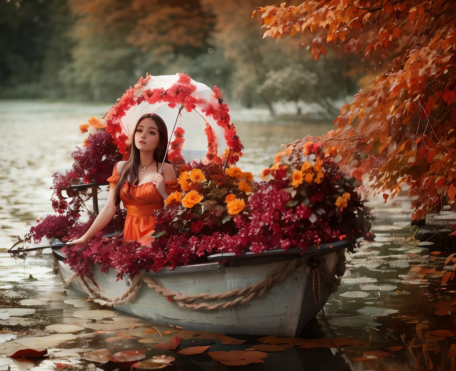 Hay una mujer en un bote con flores, Autumn Empress, Beautiful autumn spirit, in fall, Goddess of autumn, Fantasy photography, Girl in a flower bed, girl in flowers, in fall, cubierto de flores, con flores congeladas a su alrededor, The goddess of the autumn harvest, autumn tranquility, girl floating in a flower field, Mujer en flores