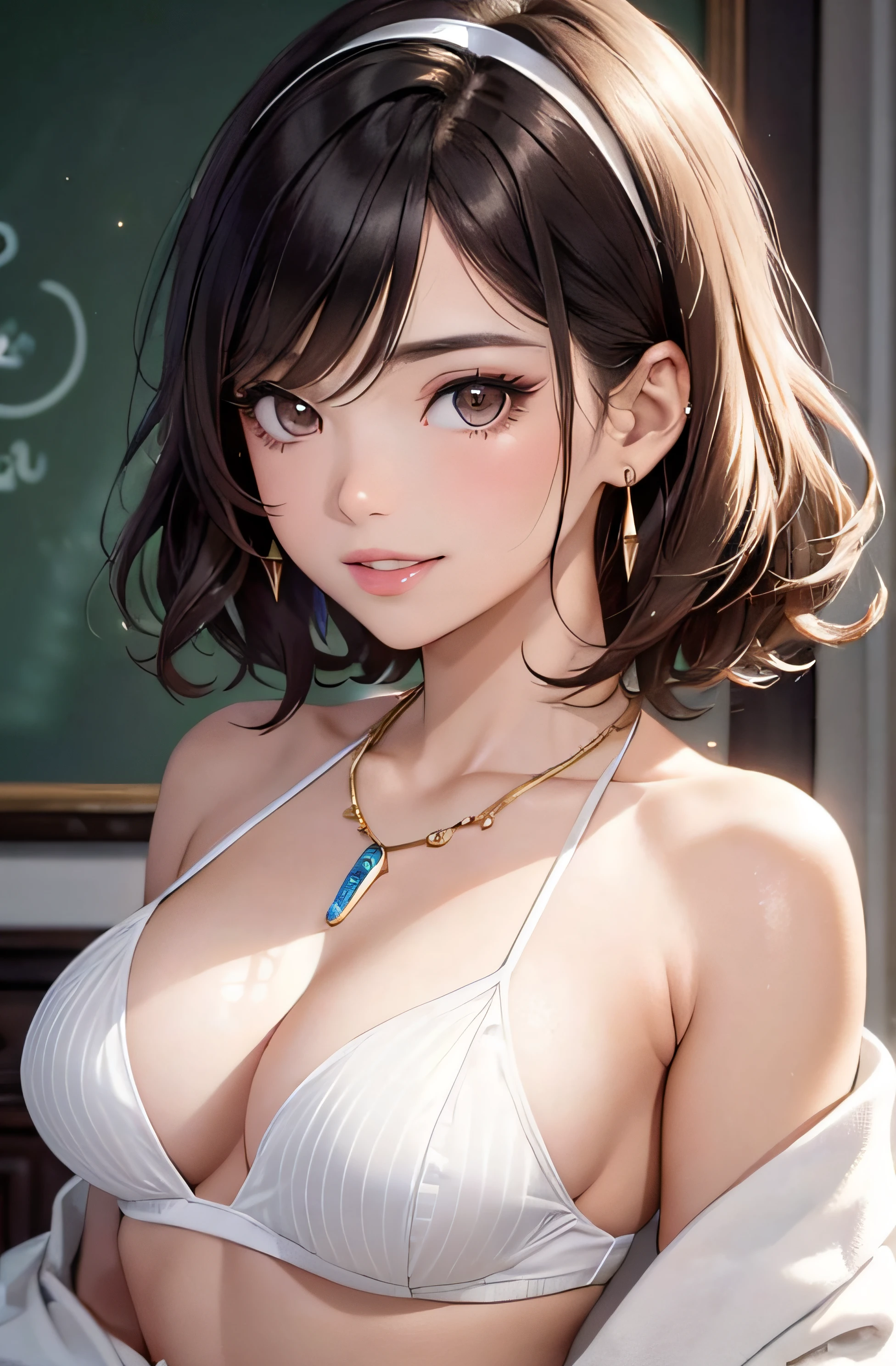 (One upper body photo), Beatiful face, Highly detailed face and skin texture, (Detailed eyes), Brown eyes, Double eyelids, Fine eyebrows, Glitter eyeliner: 1.2, Natural cheeks, Glowing skin, Fair skin, (((with schoolgirl costume))), Glitter necklace and earrings, (Glossy lips: 1. 4), (Seductive smile), (20 years old), (Wavy hair, Diagonal bangs), short hair, diadem, ((Upper body shot)), ((Focus on chest and face)), Medium large breasts, Upturned Breasts.