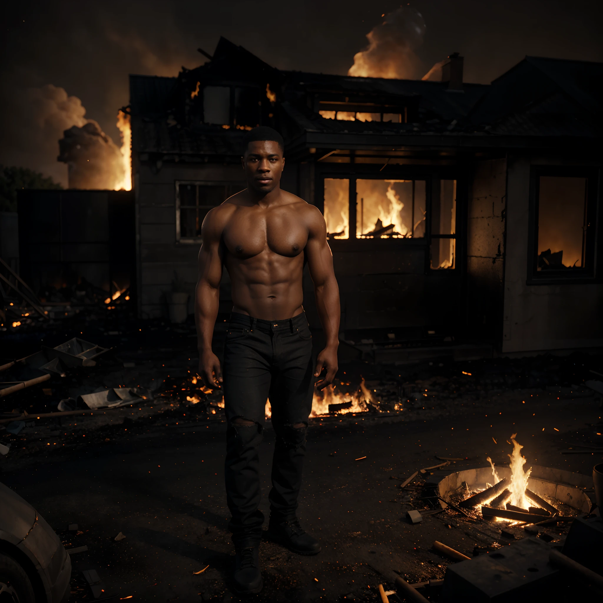 A black man no shirt and wearing torn pants, standing in an empty area with a burning house in the background, night time,  dark lit scene with the fire on the burning house lighting the scene, cinematic lighting, artgerm style, photorealistic image, 32k, ultra HD, unreal engine rendered, IMAX shot,