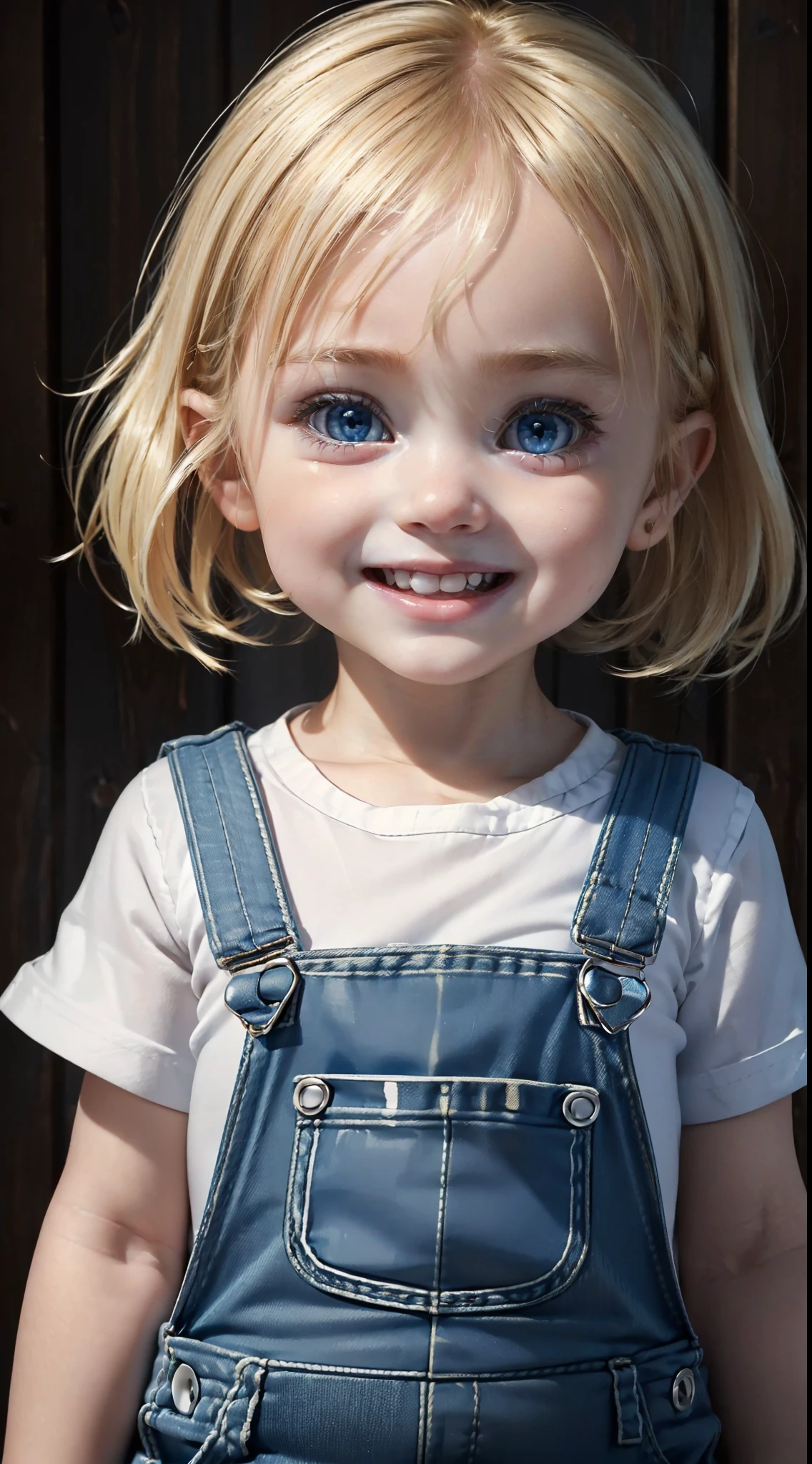 (Ultra high quality), (ultra high definition), (ultra sharpness), (8K), (a very cute blonde girl), (1 yearalone), (wearing a children's overalls), (portrait), ( very blue eyes), (ultra detailed eyes), (ultra detailed irises), (completely identical irises), (totally normal irises), (emphasis on irises), (cheerful smile), ((super cute))