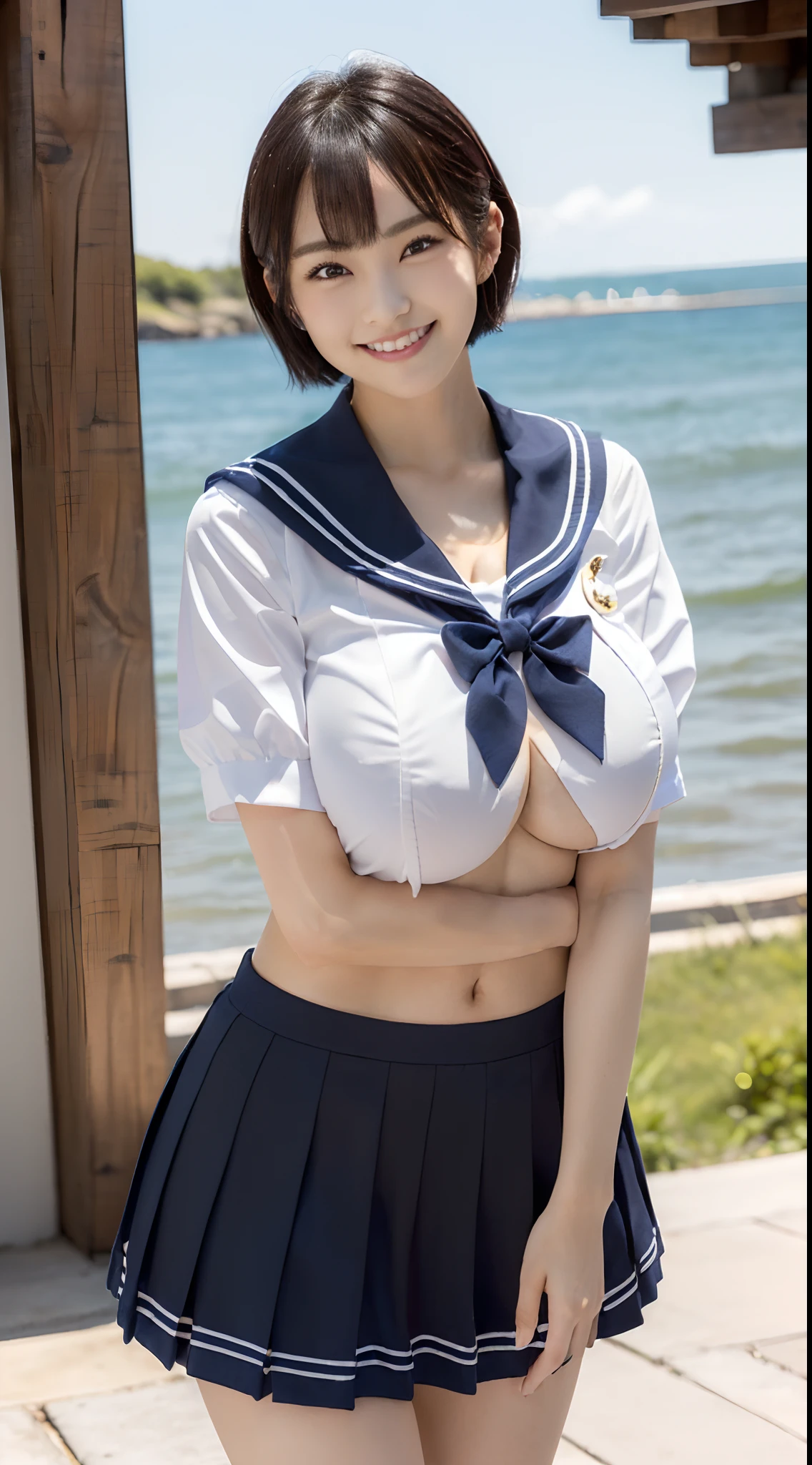 (in 8K, 超A high resolution, Best Quality, masutepiece:1.1),(18year old:1.1)、(Look away)、in 8K、RAW portrait of japanese girl、Photorealsitic、超A high resolution、top-quality、(Navy sailor suit、Navy Pleated Mini Skirt:1.3) (hi-school girl、quite massive chest、Pretty big breasts、toned body、Be sure to hide all breasts、black hair short cut:1.5)(Super cute、Cute smile、Navy Mini Skirt Sailor Suit、Black socks、lowfers:1.2)Walk along the path by the sea