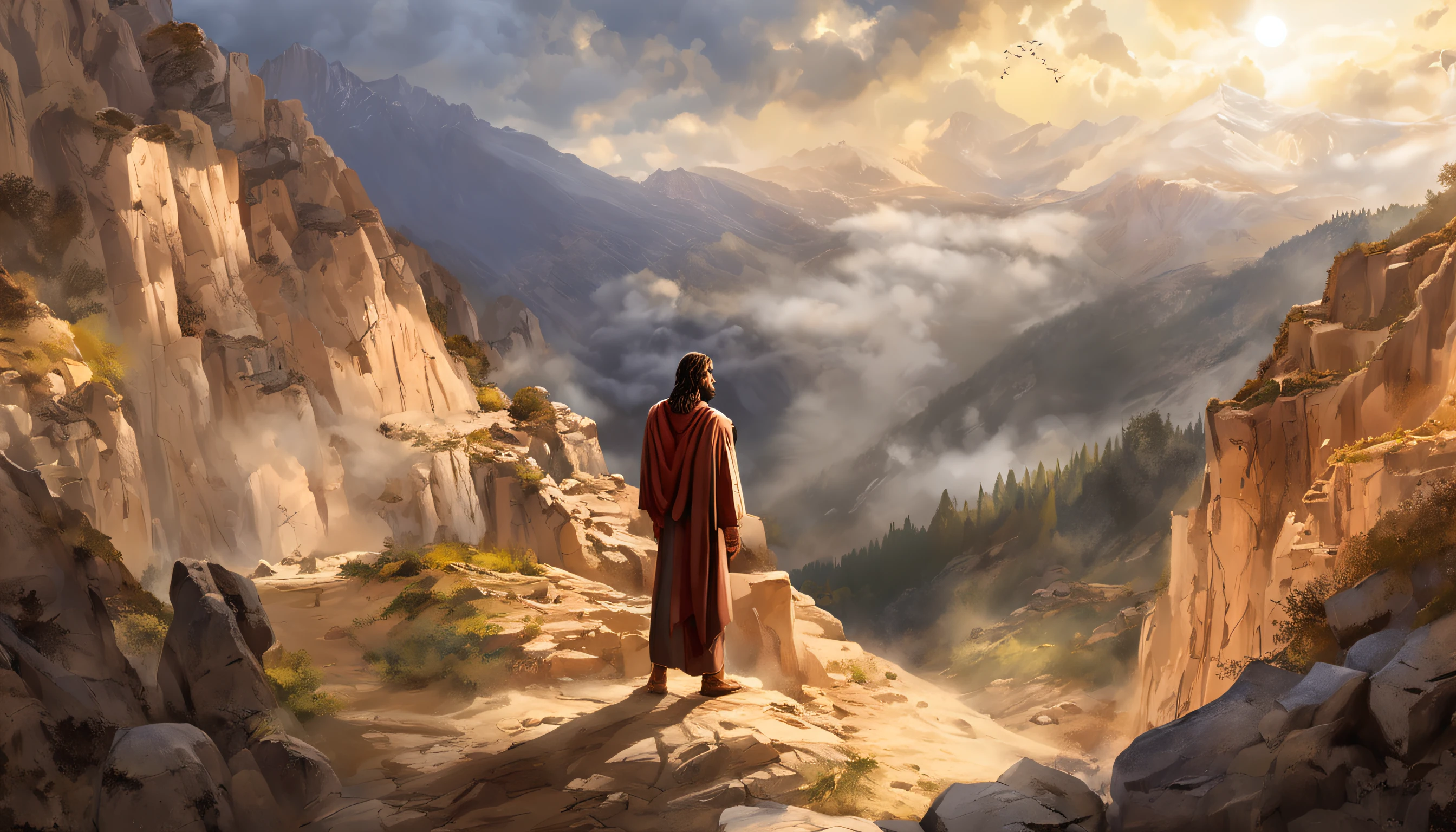 (Professional 3D Rendering: 1.3) by (Realistic: 1.3) World's Most Beautiful Art Picture，Jesus Christ, Resurrection, Mountain Gate, , Ascending to Heaven, Disciples Looking On, Features soft and shining male heroes, ((Jesus Christ, epic hero costume man in rough coat compassionate hero look long hair short beard and fierce expression in dynamic pose, Resurrection, rising to heaven, fantastic location, majestic disordered environment)), full body 8k unity render, action shot, pores of the skin, very dark lighting, heavy shading, detailed, Detailed face, (vibrant, photorealistic, Realistic, Dramatic, Dark, sharp focus, 8k), (Old leather clothes damaged by bad weather:1.4), ((((Use skins)))), (intricate:1.4 ), decadent, (highly detailed:1.4), digital painting, rendering by octane, art station, Concept-Art, smooth, sharp focus, illustration, art germ, (Loish:0.23 ), Wlop Ilya Kuvshinov, and Greg Rutkowski and Alphonse Mucha Gracias, (global illumination, studiolight, Light Volumetric), rain, floating