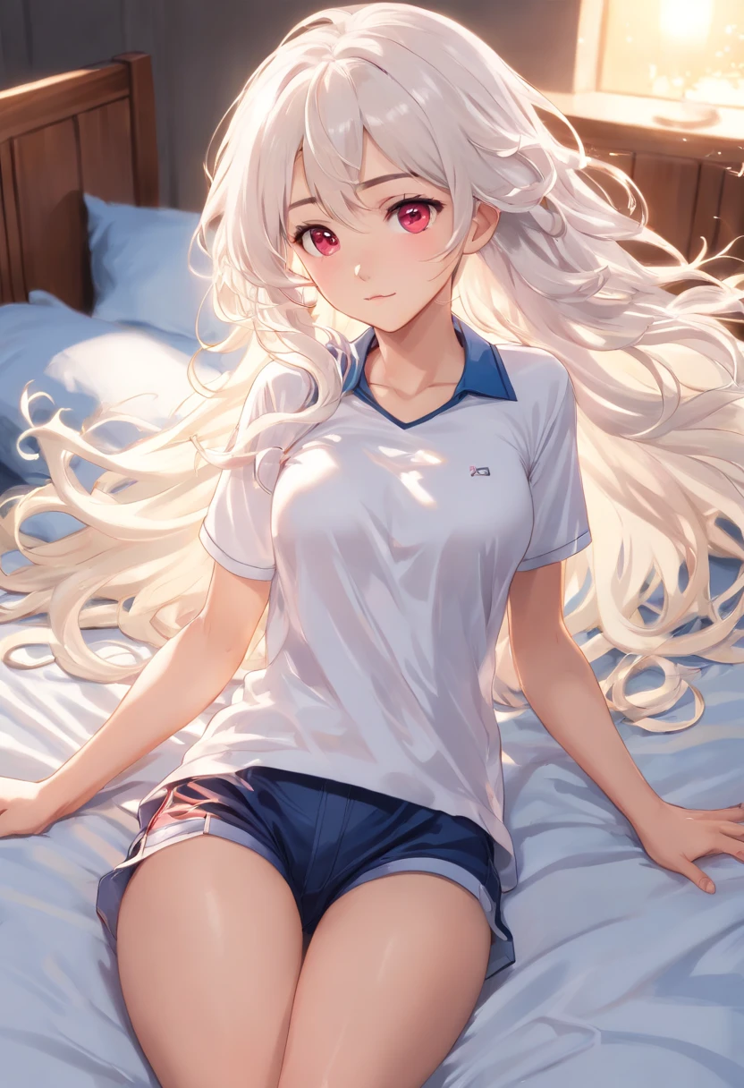 (Masterpiece, Photorealistic, high resolution), ((1girll):1.2), Korean, ((White wavy hair):1.3), (heterochromatic eyes:1.1, Thick eyebrows, small moles under eyes), (Loose white shirt, Red fitness shorts), ((Large of breast):1.2, enormous thigh), on top of the bed, Leather shorts,
