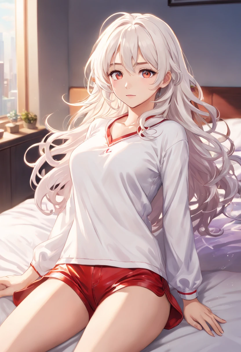 (Masterpiece, Photorealistic, high resolution), ((1girll):1.2), Korean, ((White wavy hair):1.3), (heterochromatic eyes:1.1, Thick eyebrows, small moles under eyes), (Loose white shirt, Red fitness shorts), ((Large of breast):1.2, enormous thigh), on top of the bed, Leather shorts,