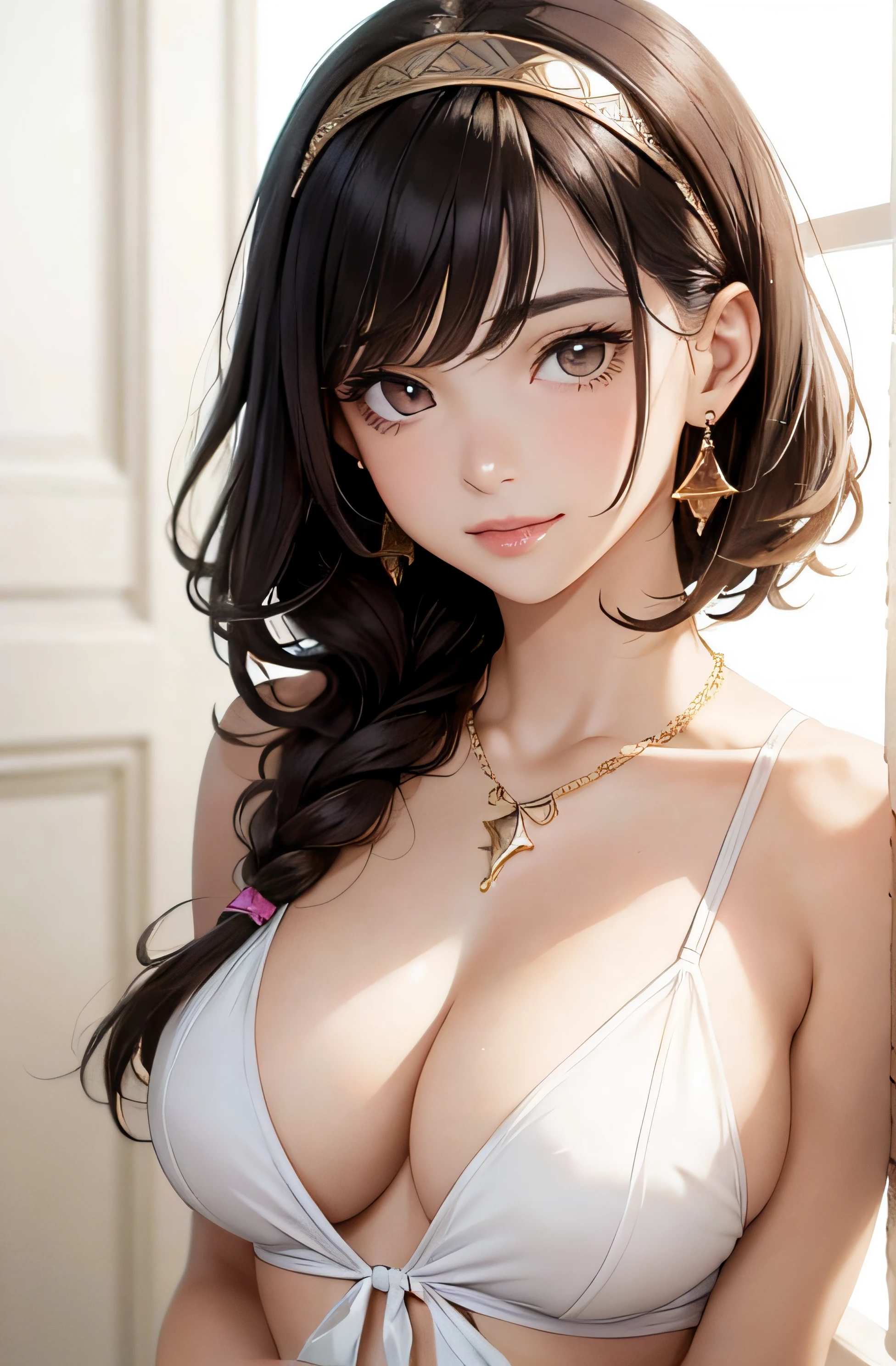 (One upper body photo), Beatiful face, Highly detailed face and skin texture, (Detailed eyes), Brown eyes, Double eyelids, Fine eyebrows, Glitter eyeliner: 1.2, Natural cheeks, Glowing skin, Fair skin, (((with schoolgirl costume))), Glitter necklace and earrings, (Glossy lips: 1. 4), (Seductive smile), (20 years old), (Wavy hair, Diagonal bangs), short hair, diadem, ((Upper body shot)), ((Focus on chest and face)), Medium large breasts, Upturned Breasts.