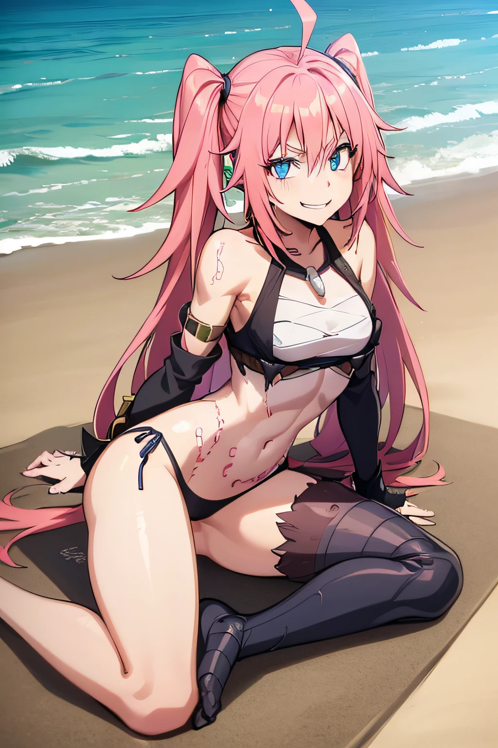(female)), (long and very messy hair), (smile), fangs, ((ripped abdomen)), toned arms and legs, medium breasts, excessive sweating, (on the beach), ((blue eyes)), barefoot, ((very sexy)), perfect face
