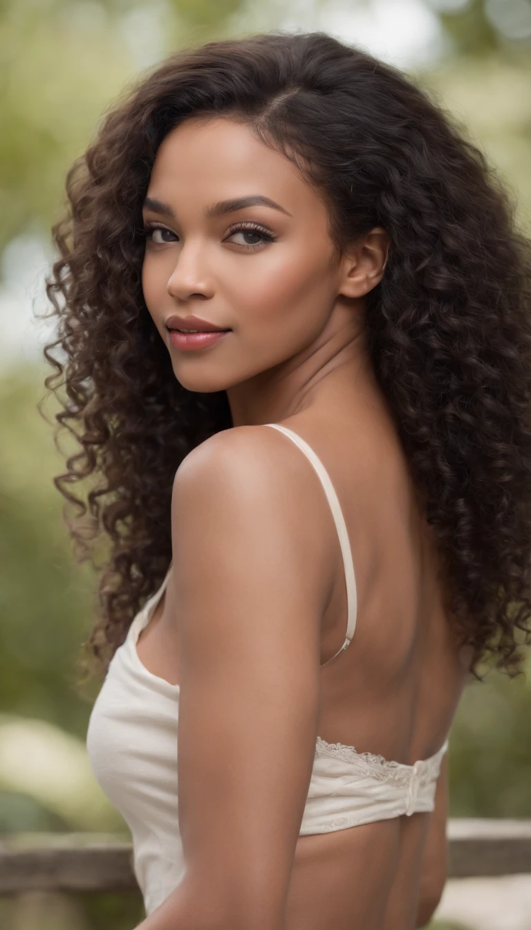 Attractive sexy arched back big skinny ass african-american, Light Skin Women 30 Years Old Black Curly Hair at the Waist, avec jupe haute, looking back, sourire humble, Bas en maille sur les cuisses, Bon abdos, Belles jambes longues sexy, (photo-realistic: 1,5) (tmasterpiece: 1,5) (beste-Qualit: 1,5) (Color Corrected) (detail skin: 1,5) (8k)