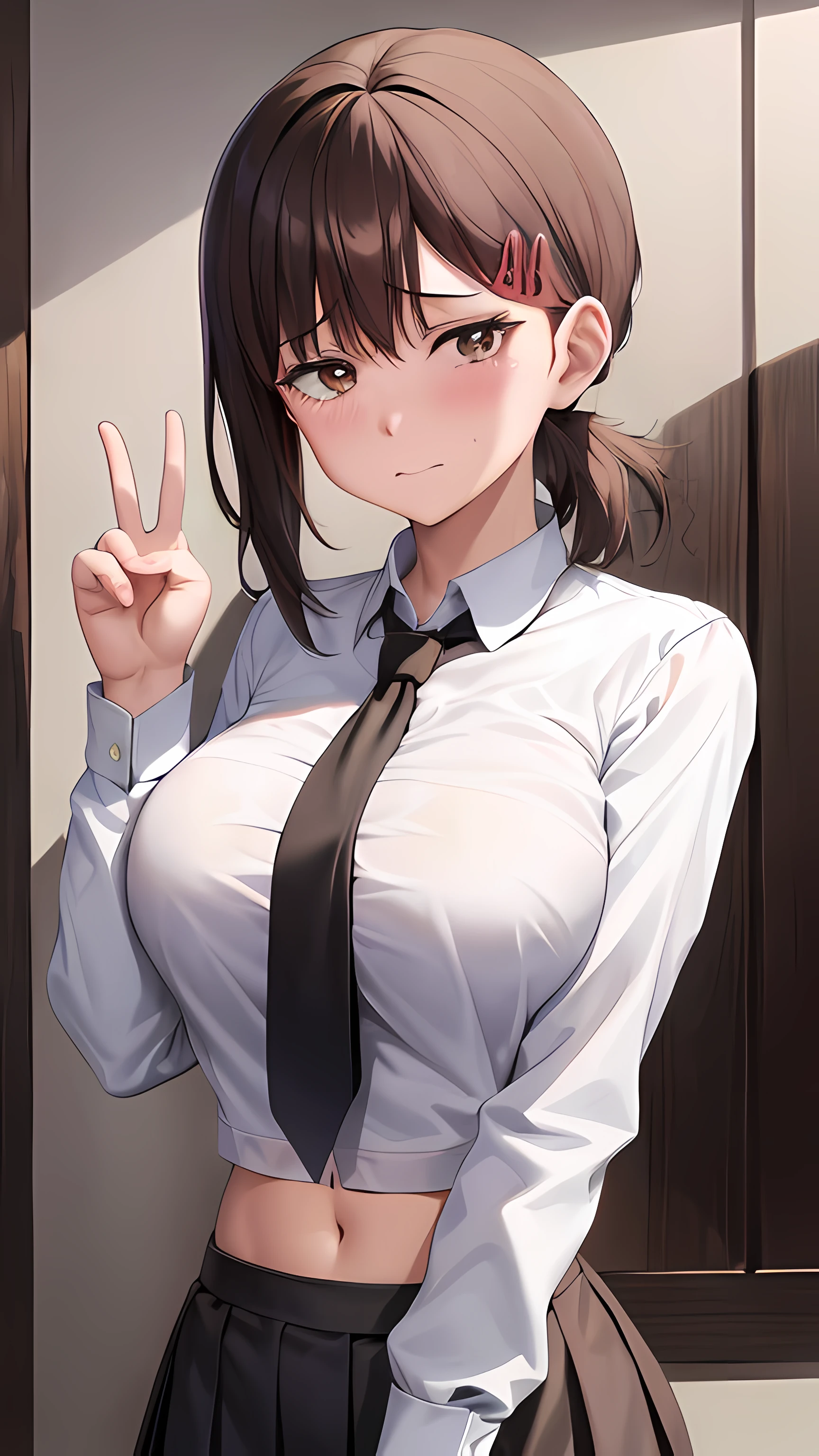 (sfw), (masterpiece:1.2), best quality, masterpiece, highres, original, extremely detailed wallpaper, (ultra-detailed), (best illustration), (best shadow), (Kobeni), large breasts, perky breasts, (white collared shirt), (blood stain:1.1), (horrified:1.2), (black necktie), (shirt stain), (stained), 1girl, looking at viewer, (scared:1.2), (tears:1.1), (brown eyes), (peace sign), ((busty)), (blushing), midriff,