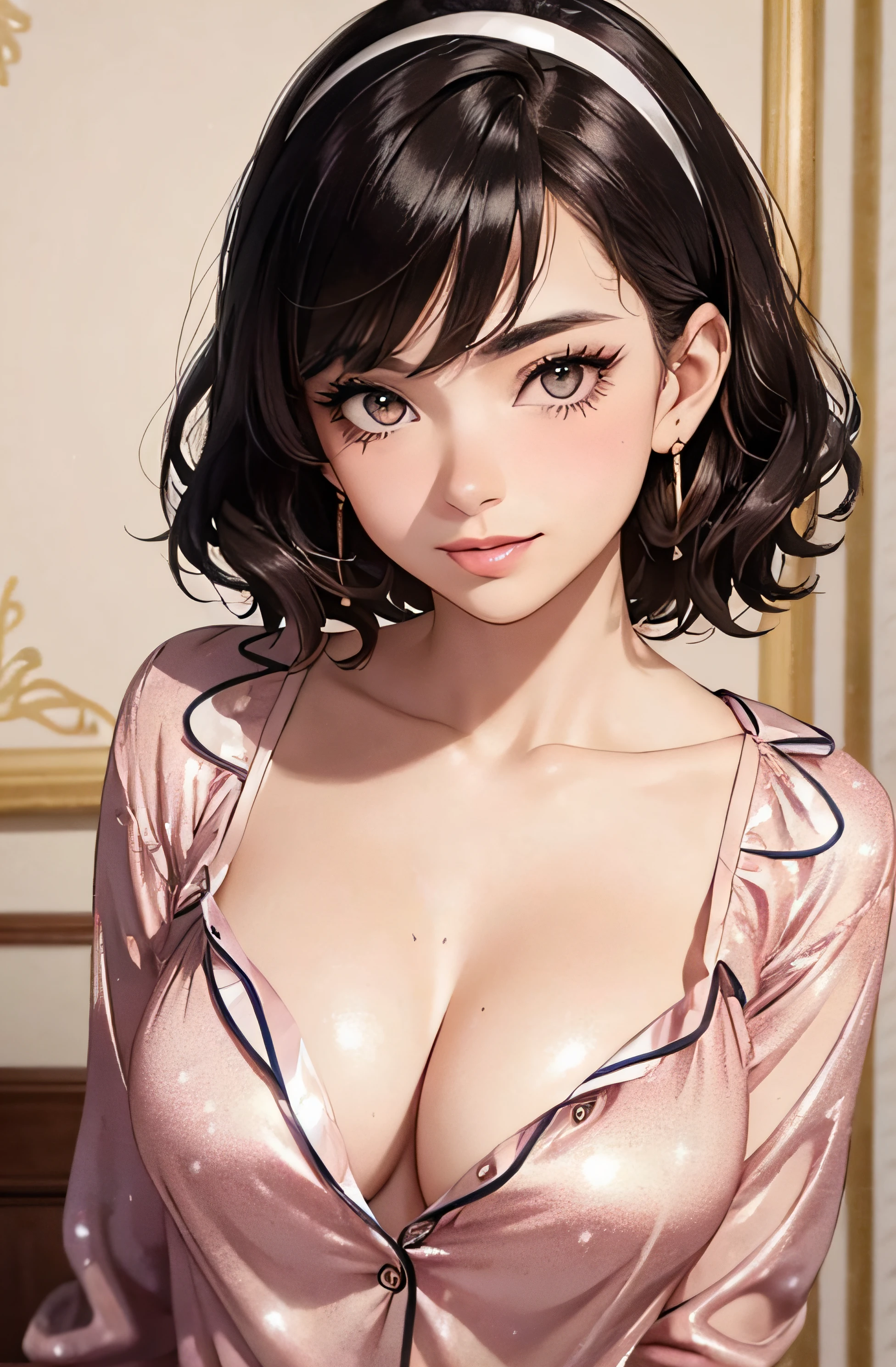 (A photo of upper body), Beautiful face, Highly detailed face and skin texture, (Detailed eyes), Brown eyes, Double eyelids, Thin eyebrows, Glitter eyeliner: 1.2, Natural cheeks, Shiny skin, Fair skin, (((wearing pajamas))), Glitter necklace and earrings, (Shiny lips: 1. 4), (Seductive smile), (20 years old), (Wavy hair, Diagonal bangs), Short hair, Headband, ((Upper body shot)), ((Focus on chest and face)), Medium large breasts, Upturned breasts.