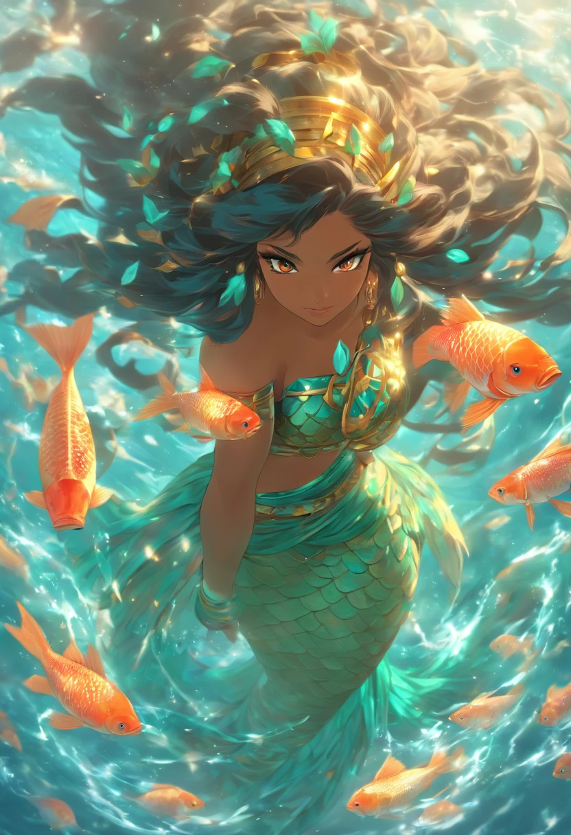(((Ninkasi))) best quality, ultra-high resolution, 4K detailed CG, masterpiece, goddess Sumeria, long hair, black hair, jug goddess, aesthetics, Sumerian, ((fish tail)), beautiful image, centered on the screen,