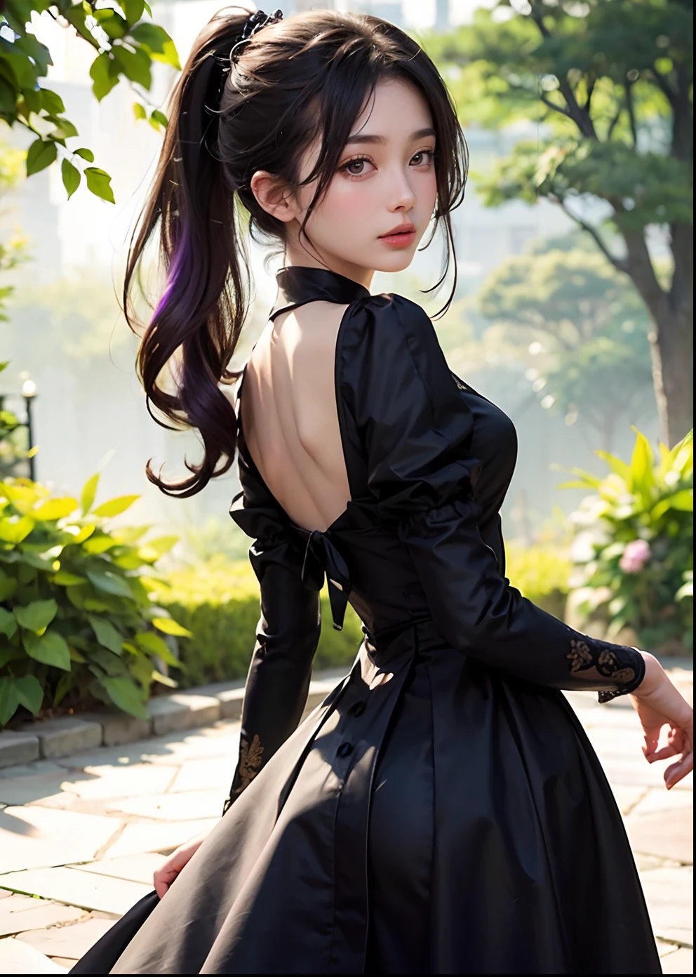 Best Quality, (RAW Photos: 1.2), (Masterpiece: 1.4), (Realistic: 1.4), (High Resolution: 1.4), Chinese princess, garden of castle, intricate details, 8k, very detailed, perfect lighting, epic background, big bust 1.3, black tight dress, backless dress, soft skin, ponytail, purple hair, purple eyes,