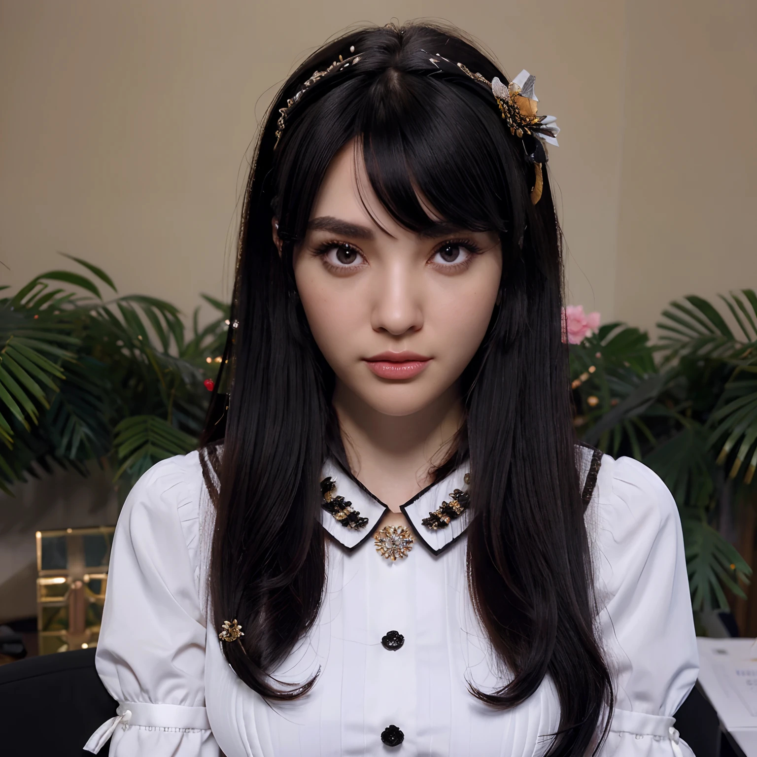 best quality, (photorealistic:1.2), 1 gorgeous woman, solo, detailed face, face focus, standing, black hair,(hair ornament:1.35),office lady, ribbon-trimmed sleeves, detached sleeves, ribbon trim, wide sleeves, (looking at viewer:1.5) long hair, black eyes, bangs, lips,