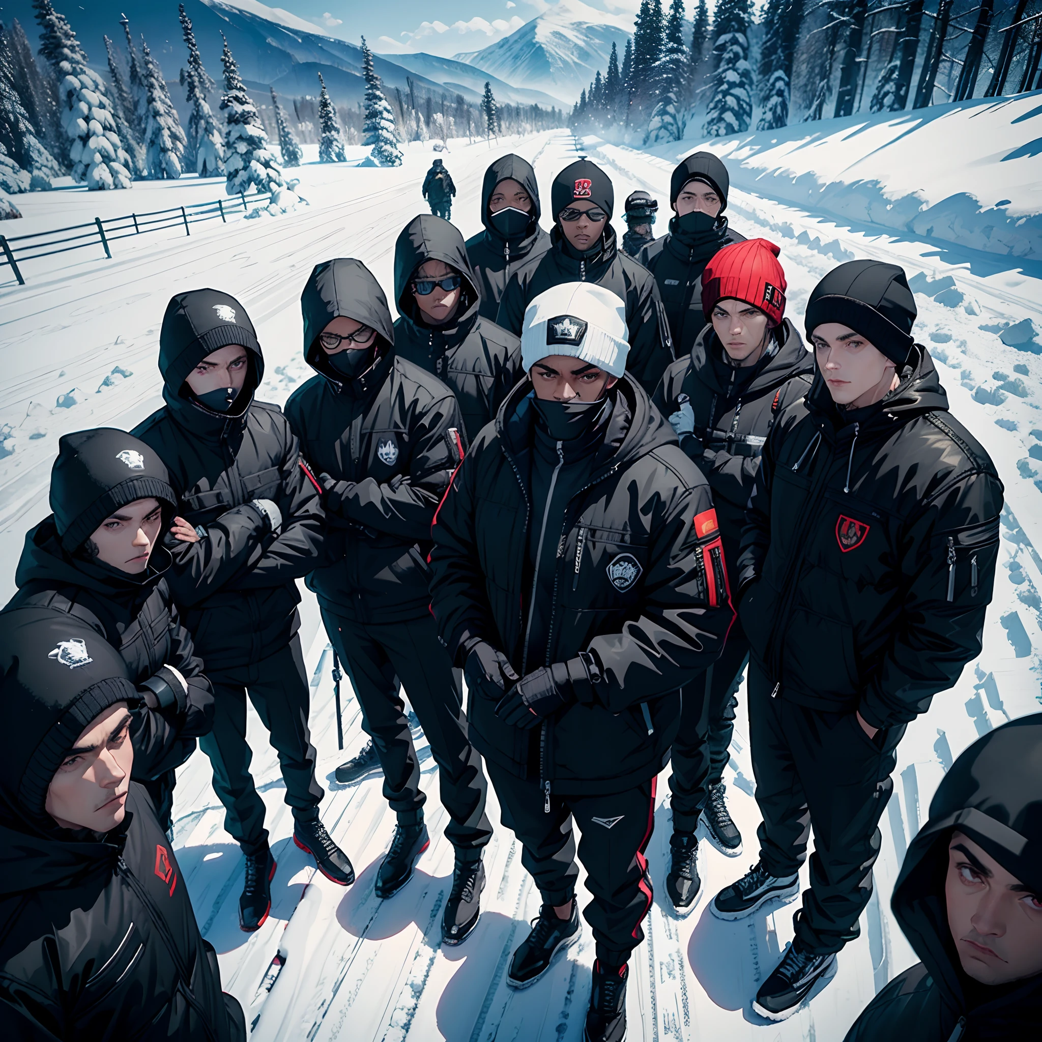 Roadman UK, wearing a ski mask, wearing a snow jacket, realistic, wearing black gloves, surrounded by roadmen, badass poses,6 people,all posing for the camera, shadow,close up of 6 people, snowing,cold
