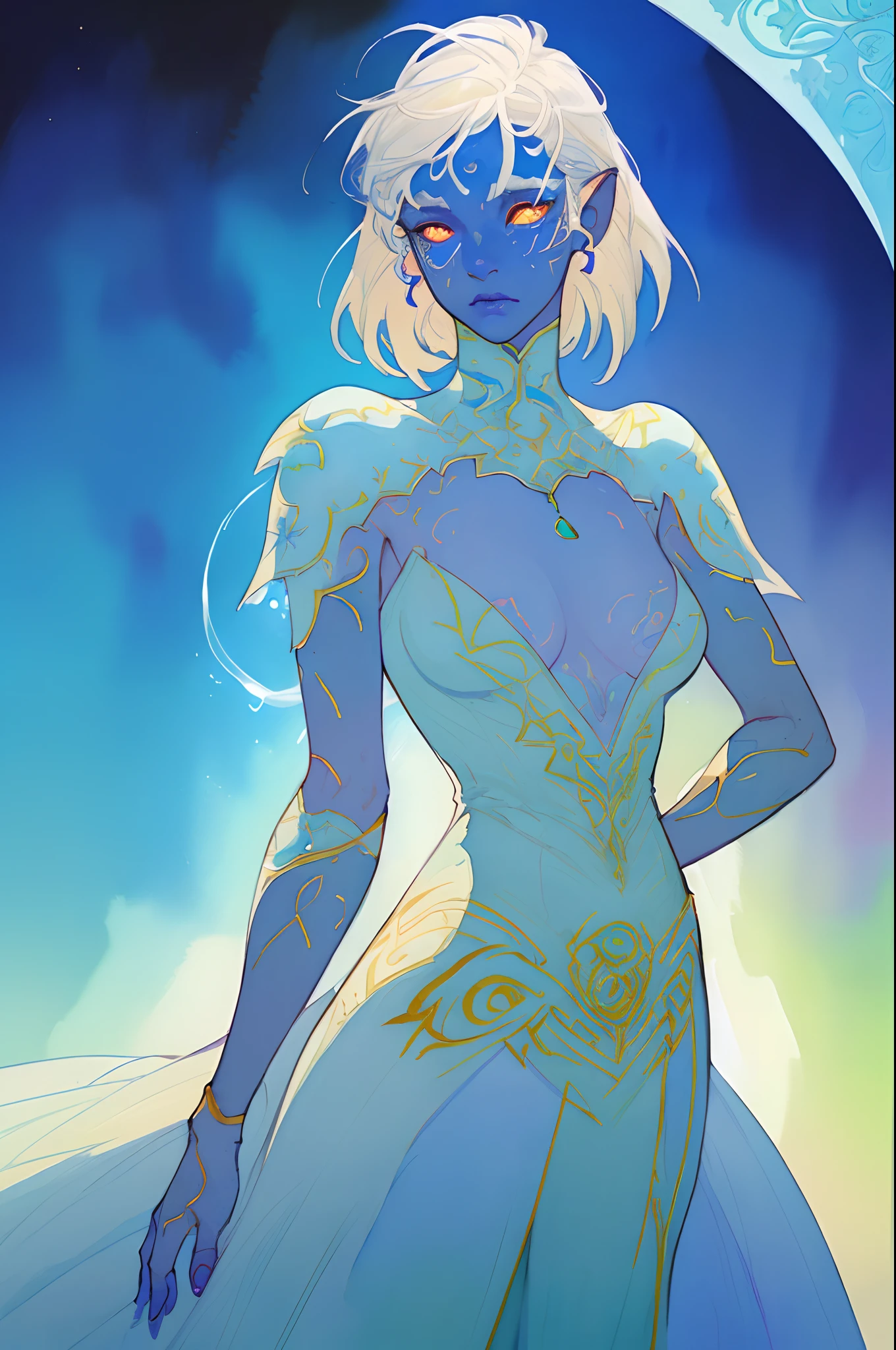 (masterpiece), concept art of 1girl, glowing eyes, prominent white body and facial markings, (full blue skin), colorful glowing energy flows, in elegant modest dress, white hair, accurate anatomy, combat dress, feminine, modestly dressed, small chest, 1person blue_skin,
fantasy,
absurdres, best quality,
(watercolor painting by gerald brom }