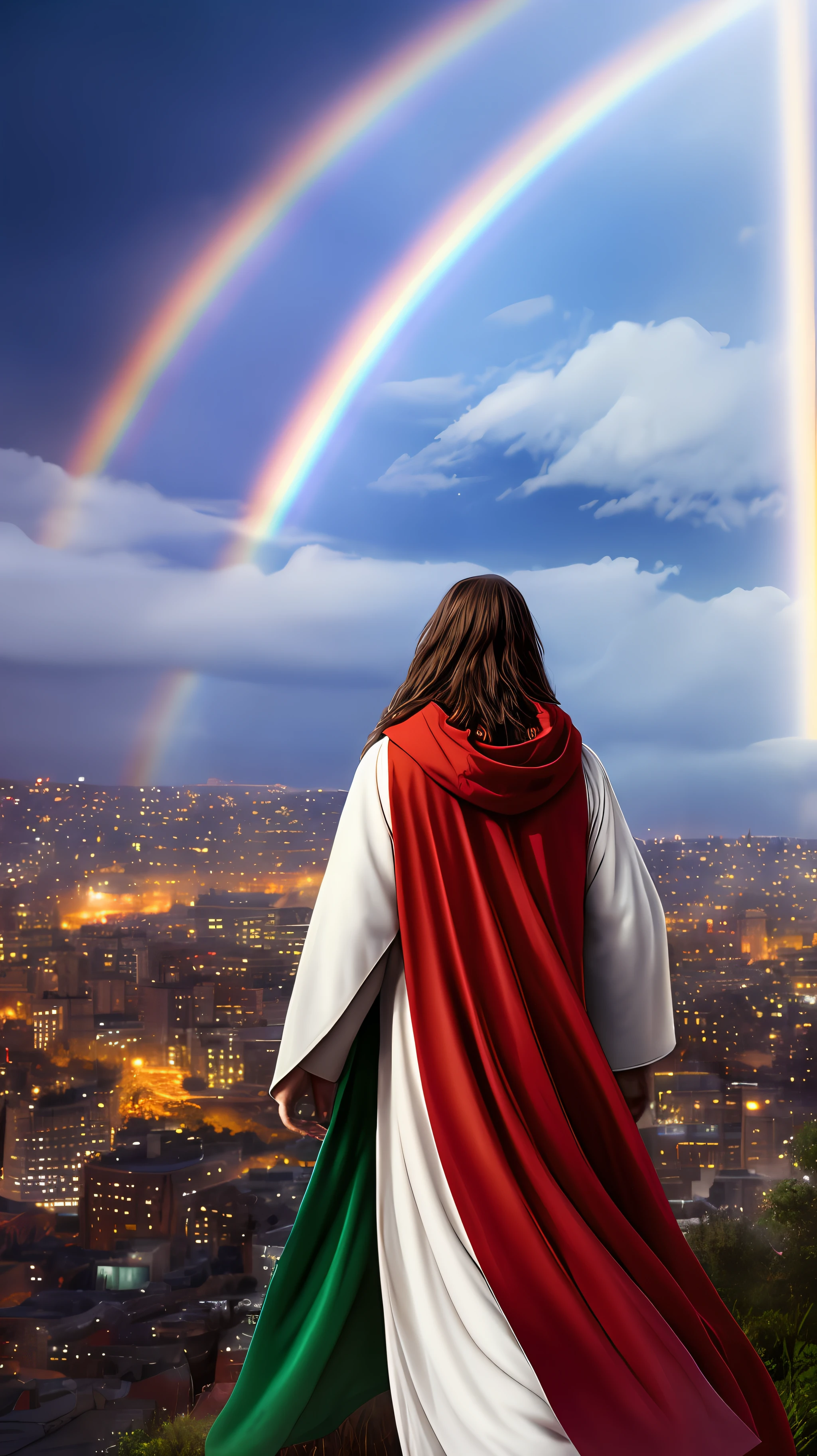 full-body, bright light, a man with long brown hair and a beard, wearing a white robe and a red cloak, standing on a hill with his arms open, surrounded by people of different ages and races, a city and a rainbow in the background, 8k, watercolor