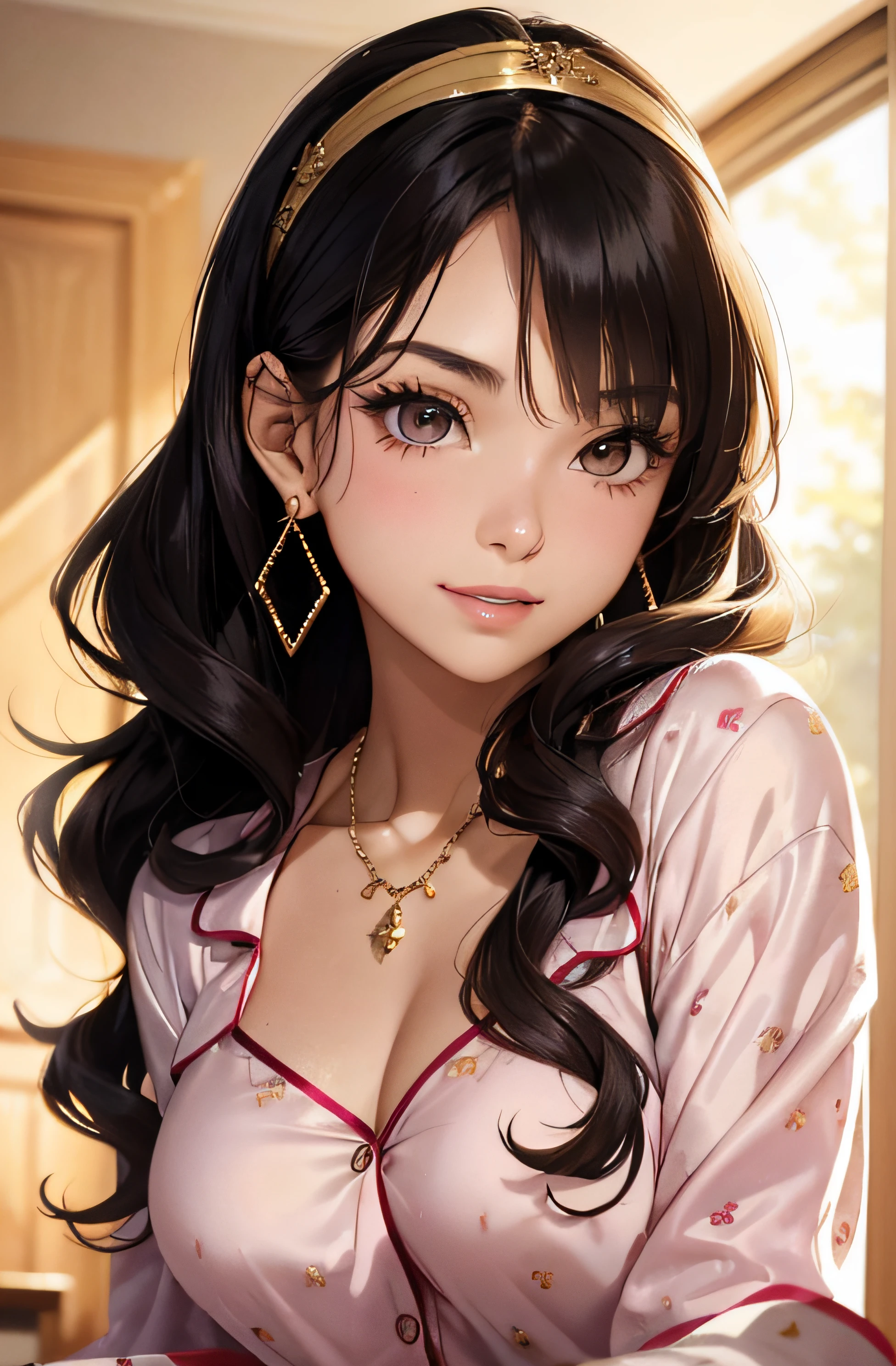 (A photo of upper body), Beautiful face, Highly detailed face and skin texture, (Detailed eyes), Brown eyes, Double eyelids, Thin eyebrows, Glitter eyeliner: 1.2, Natural cheeks, Shiny skin, Fair skin, (((wearing pajamas))), Glitter necklace and earrings, (Shiny lips: 1. 4), (Seductive smile), (20 years old), (Wavy hair, Diagonal bangs), long mid hair, Headband, ((Upper body shot)), ((Focus on chest and face)), Medium large breasts, Upturned breasts.