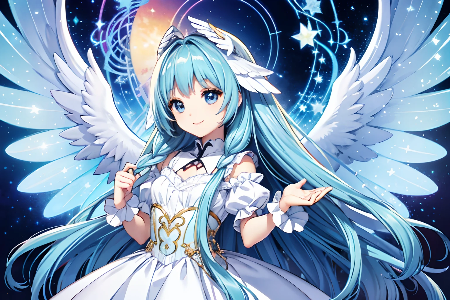 Angel wings shining in seven colors、Kawaii Girl、adorable smiling、Light blue long hair、Twin-tailed、Colorful angel costume、((top-quality))、((masterpiece))、(ighly detailed、highestdetailed、Official art、Beautifully Aesthetic:1.2)
