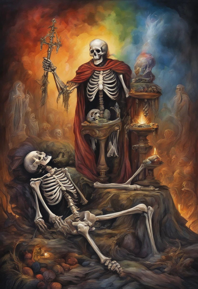 Skeleton King and Lucifer talk in a pile of corpses, fantasia, Complicado, elegante, altamente detalhado, Centrado, simetria, Pintura, Complicado, voluminetric lighting, Beautiful, Uma obra-prima de cores ricas e profundas, foco nítido, ultra-detalhada, no estilo de Dan Mumford e Mark Simonetti, astrofotografia, rainbow, rainbows