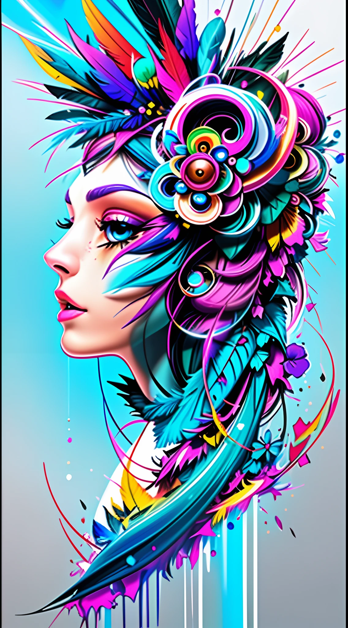 A woman with colorful hair and feathers on her head, lindo Arte Digital, linda Arte Digital linda, bela Arte Digital, Grande Arte Digital com detalhes, Bela arte UHD 4K, bela Arte Digital, Arte digital elaborada, Arte Digital impressionante, arte colorida bonita!, Arte Digital muito bonita, exquisite digital illustration, Beautiful!!! Arte Digital, Arte de Alessandro Pautasso