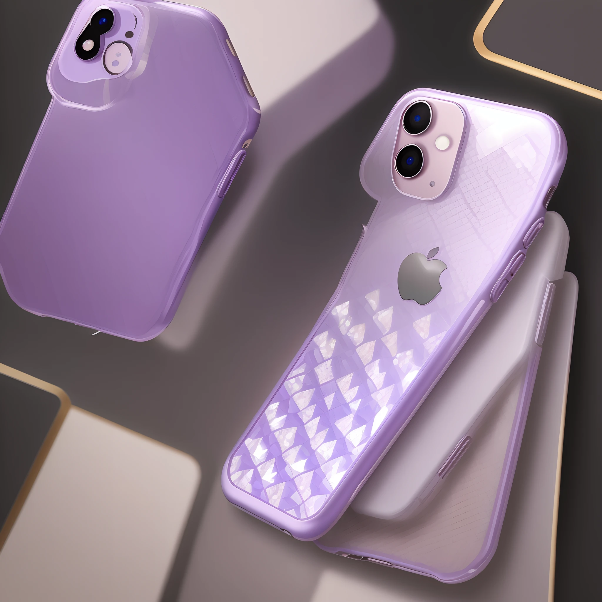 Purple IPhone 14plus with white clear diamond pattern phone case