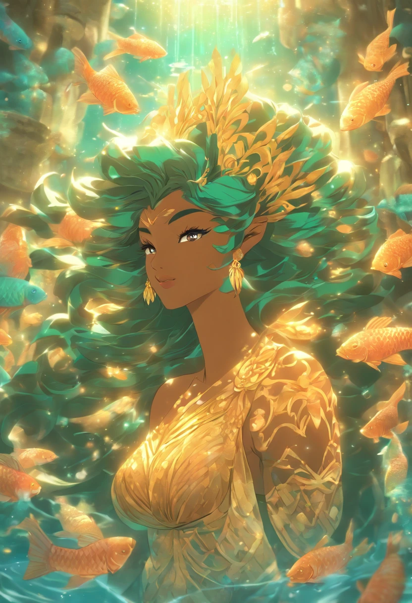 (((Ninkasi))) best quality, ultra-high resolution, 4K detailed CG, masterpiece, goddess Sumeria, long hair, black hair, clay jar, aesthetics, Sumerian, ((fish goddess)), beautiful image , centered on the screen,