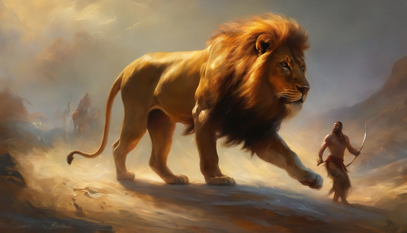 Unique image Samson strong body,cabelos grandes,Fighting with a lion,Epic lightning fight in the background, luta em 4k pintura 4k hd,