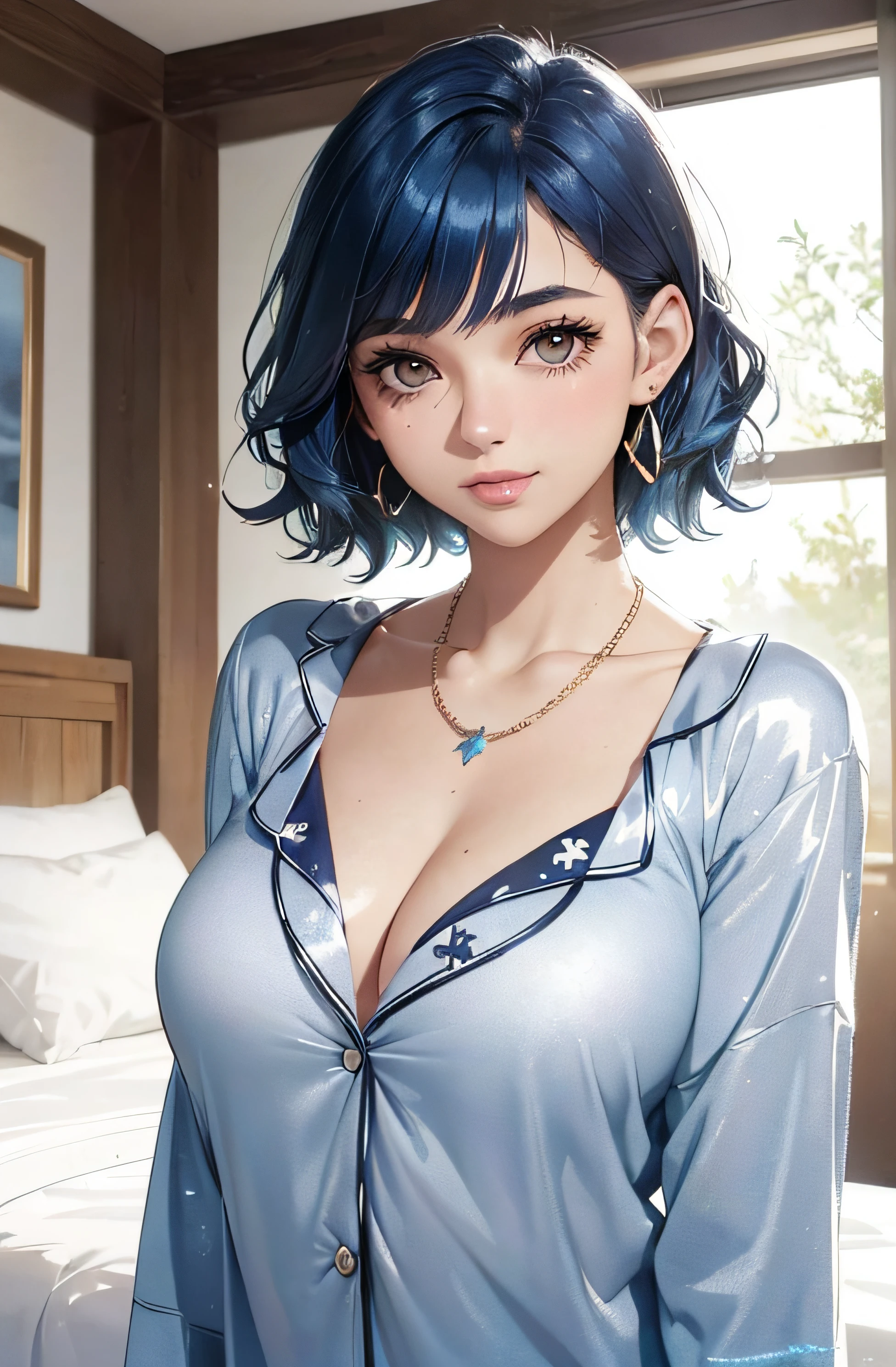 (A photo of upper body), Beautiful face, Highly detailed face and skin texture, (Detailed eyes), Brown eyes, Double eyelids, Thin eyebrows, Glitter eyeliner: 1.2, Natural cheeks, Shiny skin, Fair skin, (((wearing pajamas))), Glitter necklace and earrings, (Shiny lips: 1. 4), (Seductive smile), (20 years old), (Wavy hair, Diagonal bangs), ((blue hair)),Short hair, ((Upper body shot)), ((Focus on chest and face)), Medium large breasts, Upturned breasts.