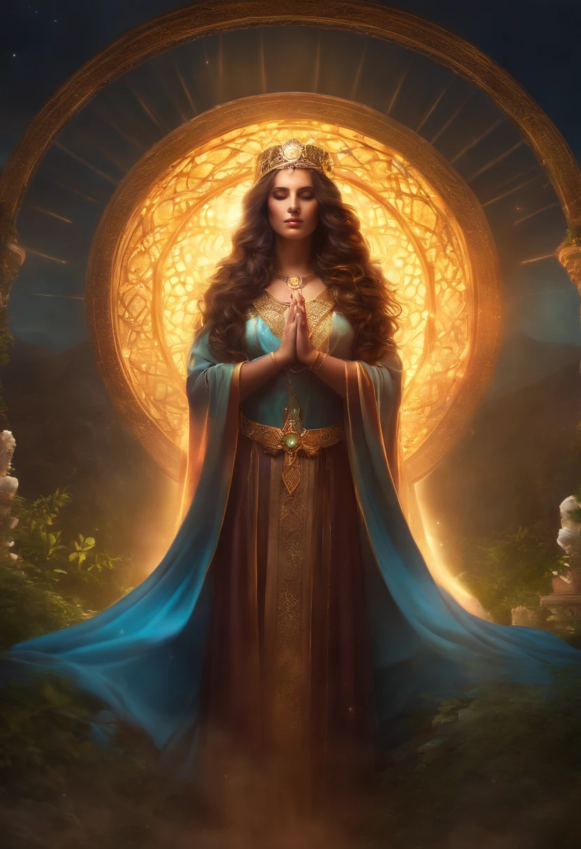 female priest with long curly hair, religious robes, head downcast, hands clasped together, Wearing a circlet, a simple halo around her head, full body shot, glowing light eyes, holy, bright colors, Light particles, with light glowing, Mshiff, wallpaper art, UHD wallpaper