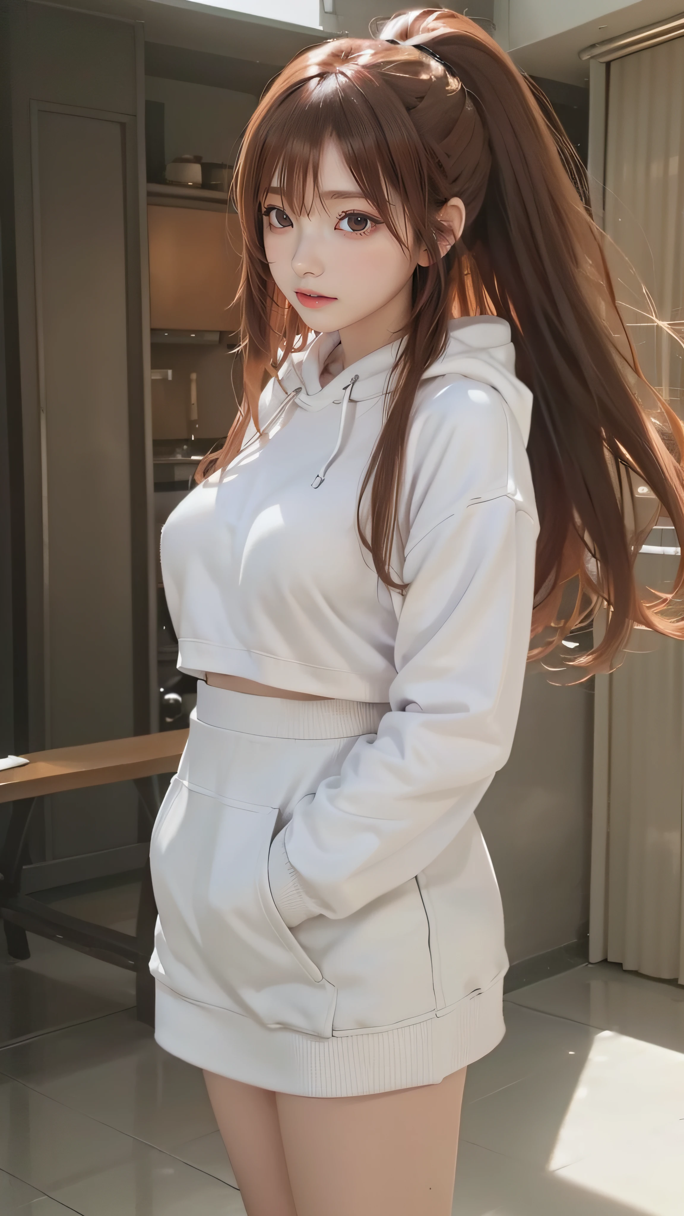 (from below),((1girl:1.5),curvy,petite,beautiful breasts,(large breasts),pale skin,erect nipples),((realistic),high resolution,best quality,masterpiece,(Sense of presence:1.5),(((Dynamic,bold))))),(((extra long High ponytail),(straight hair),Swept bangs,(extra light coppery red hair),(hair over one eye),hair blowing in the wind)),((clothed:1.5),baggy white pullover hoodie,long tight skirt)