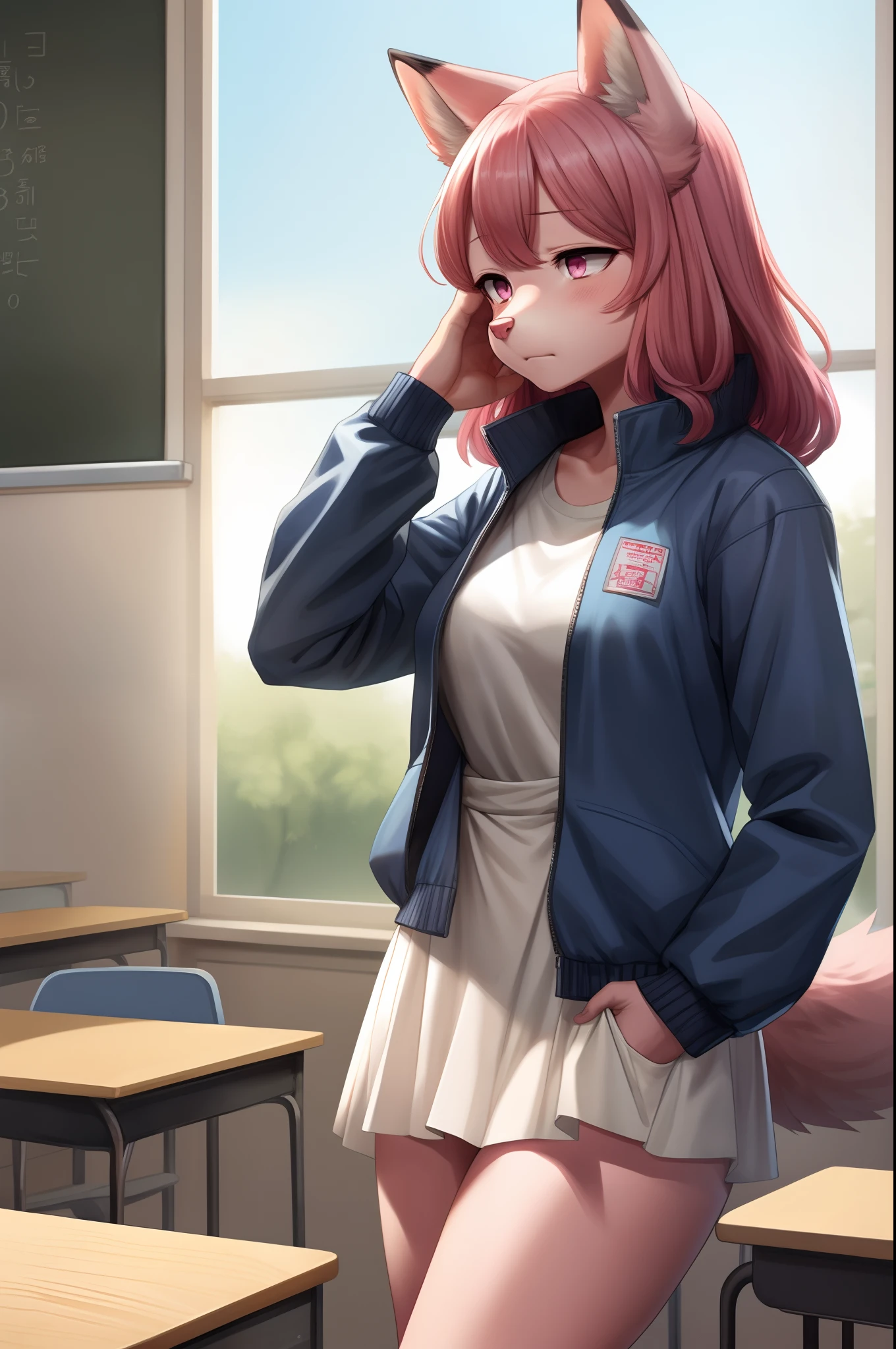 solo:1.3, a cute pink domestic dog, tall, pink fox tail, pink furry body, cute snout, pink nose, pink eyes, very long curly pink hair, hair down to her butt, pink fox ears, wearing white sundress, open blue zip up jacket, unzipped jacket, generic blue rain boots, standing indoors, in a classroom, by gudlmok99, by sleepiness18, sad face