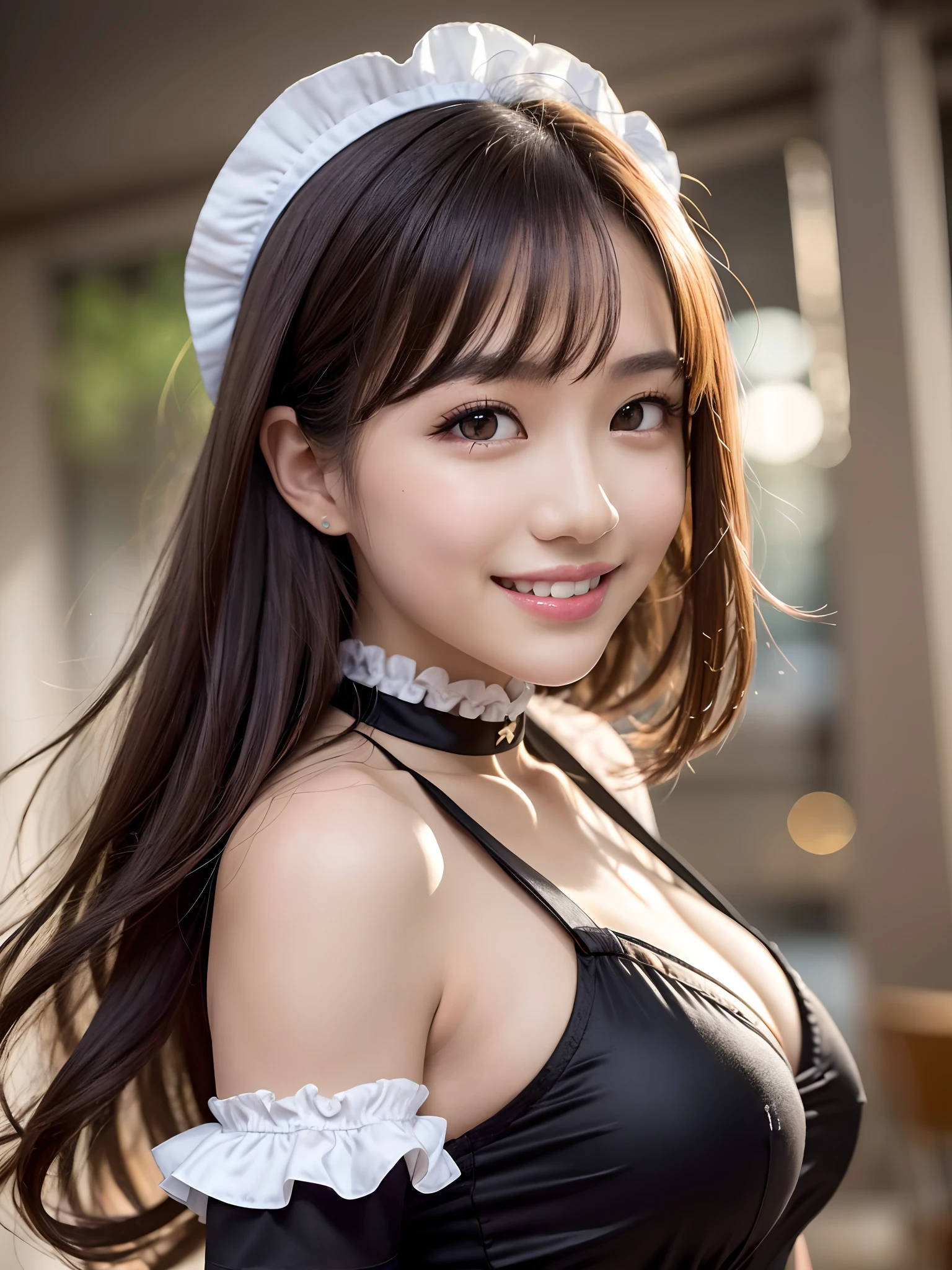 masterpiece, 1 girl per 1 photo, upper body shot, directly front view, a Japanese young pretty woman, wearing a short sleeve satin black cute maid costume in the cafe with a big smile, wearing a white frilled headband, a white frilled apron, a black choker, glamorous figure, hyper cute face, glossy lips, sweaty body, double eyelids in both eyes, Natural makeup, long eyelashes, shoulder length shiny smooth light brown hair, asymmetrical bangs, tanned skin, central image, 8K resolution, high detail, detailed hairstyle, Detailed Face, spectacular cinematic lighting, octane rendering, vibrant, hyper realistic, perfect limbs, perfect anatomy