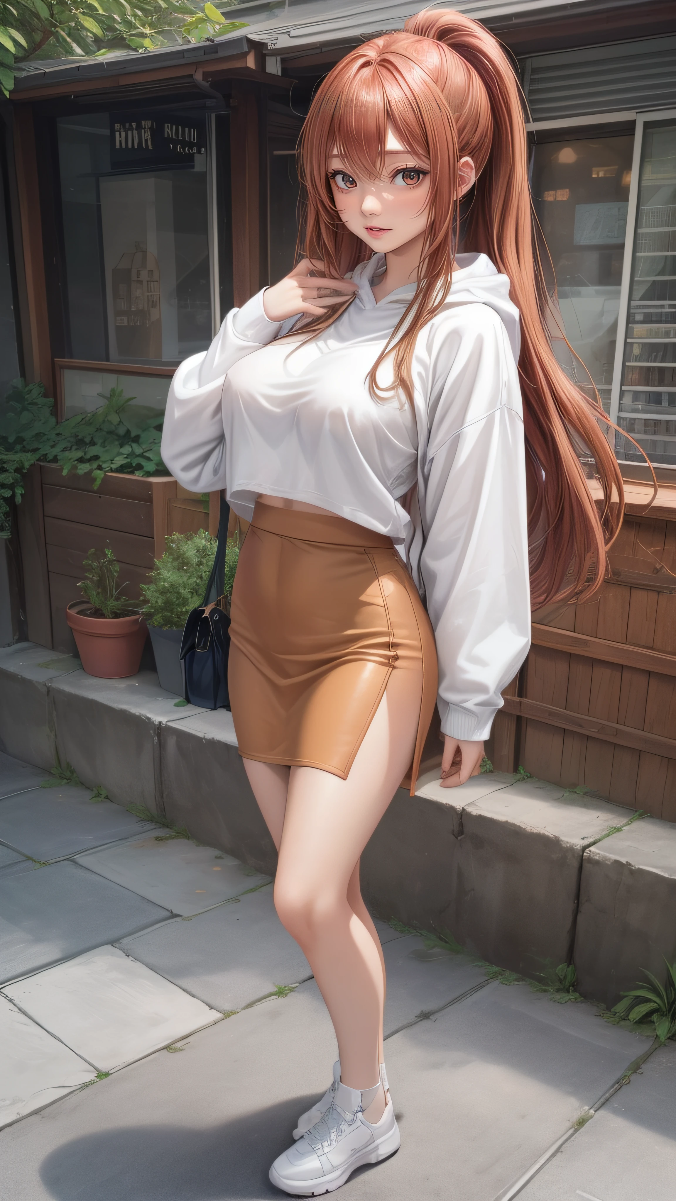(from below),((1girl:1.5),curvy,petite,beautiful breasts,(large breasts),pale skin,erect nipples),((realistic),high resolution,best quality,masterpiece,(Sense of presence:1.5),(((Dynamic,bold))))),(((extra long High ponytail),(straight hair),Swept bangs,(extra light coppery red hair),(hair over one eye),hair blowing in the wind)),((clothed:1.5),baggy white pullover hoodie,long tight skirt)