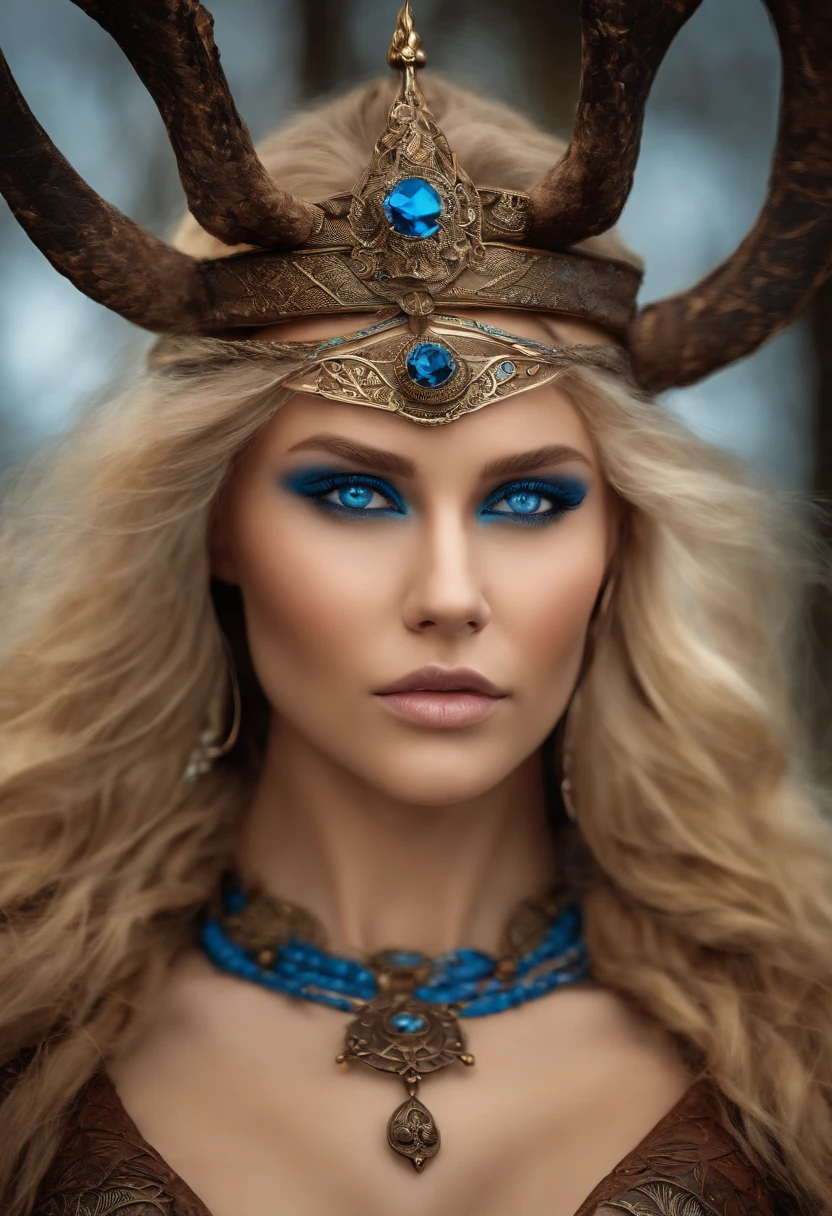 Nordic warrior Goddess, blonde hair, fierce blue eyes, showing her nude body