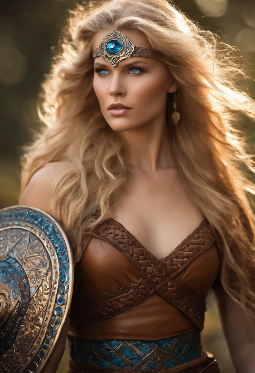 Nordic warrior Goddess, blonde hair, fierce blue eyes, showing her nude body