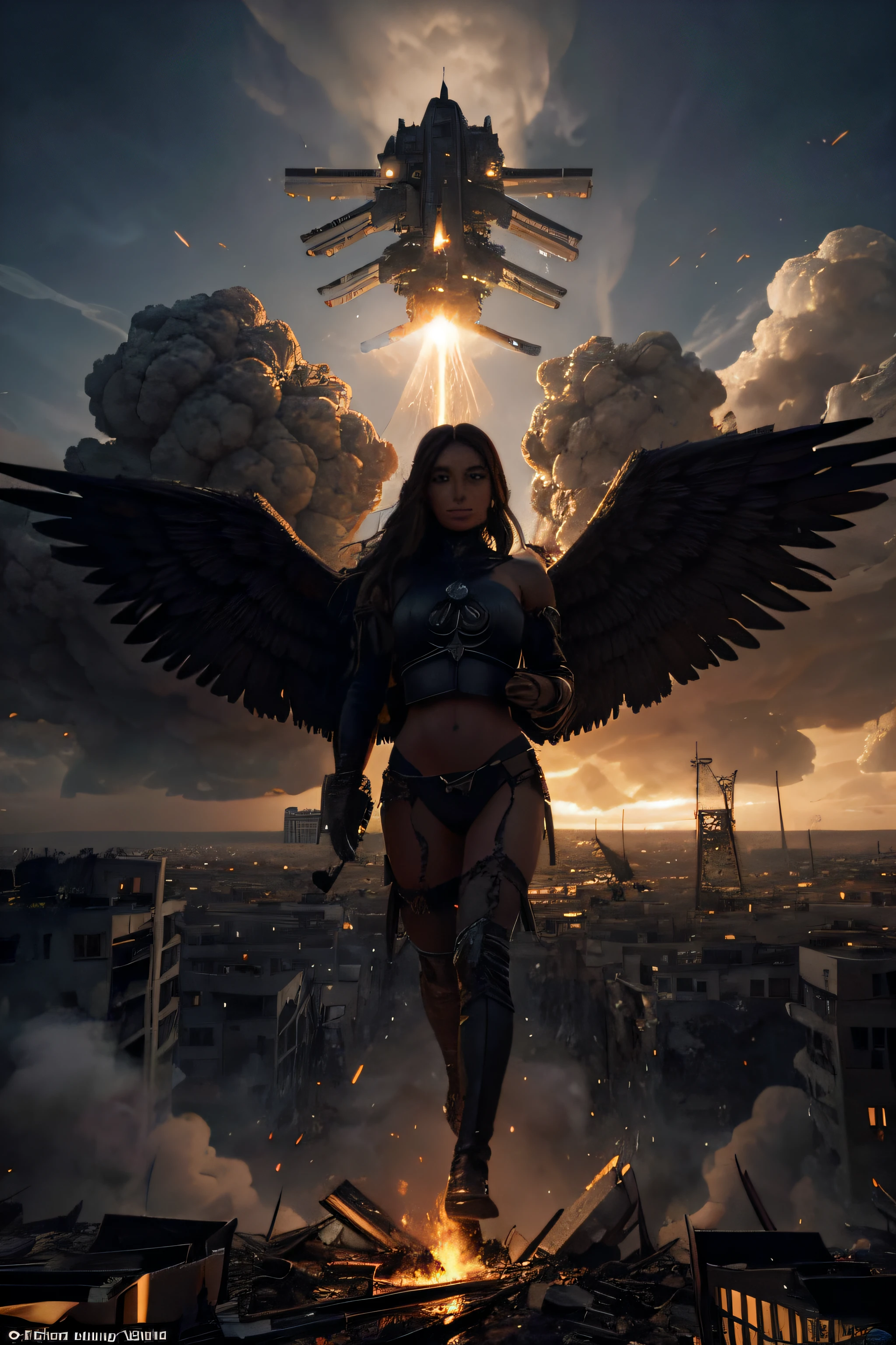 i,Agine a gigantic dark angel hovering over a destroyed city after intense missile bombardment
