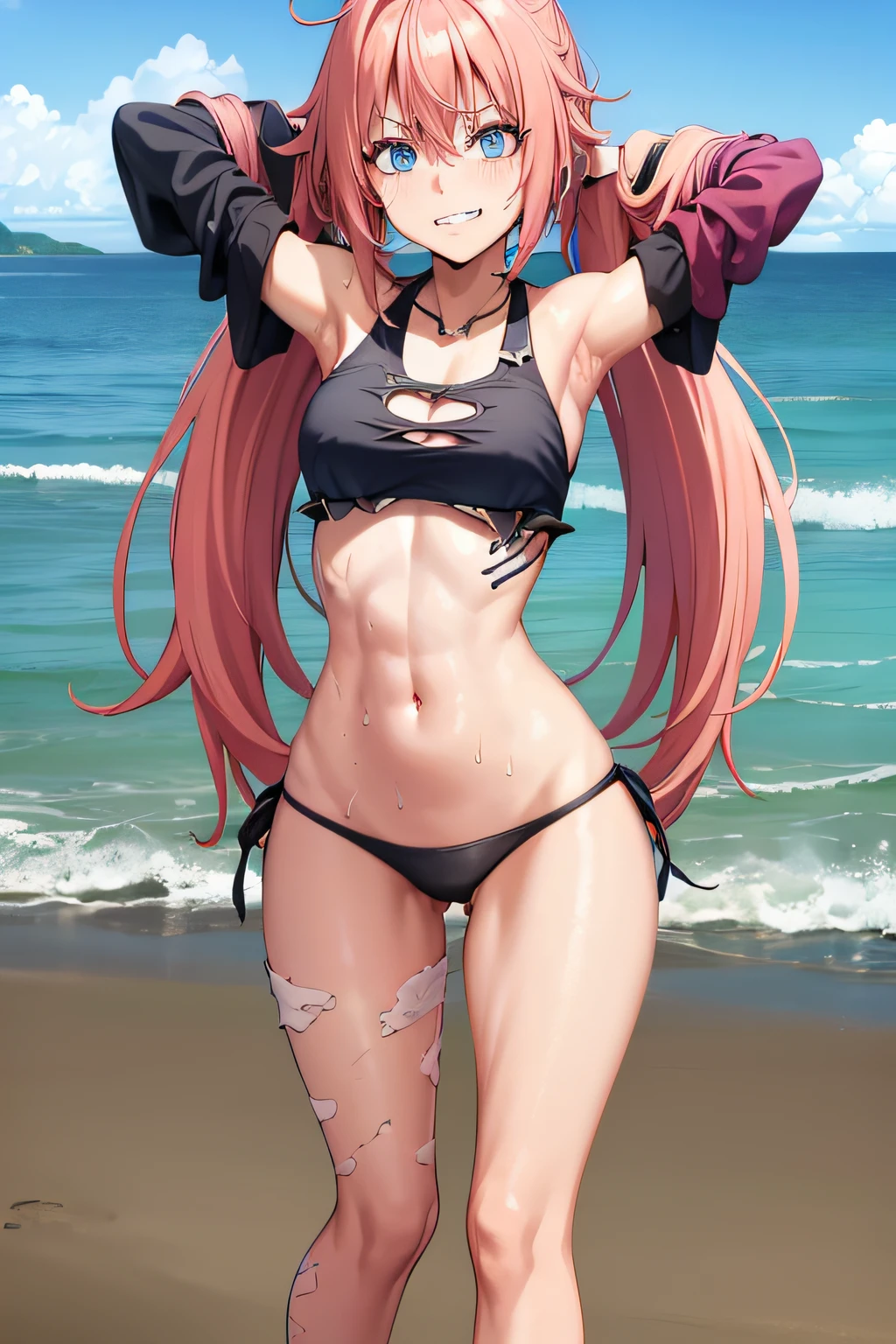 ((female)), (very messy hair), fangs, ((ripped abdomen)), toned arms and legs, medium breasts, excessive sweating, (on the beach), ((blue eyes)), barefoot, ((very sexy)), short black bikini, standing