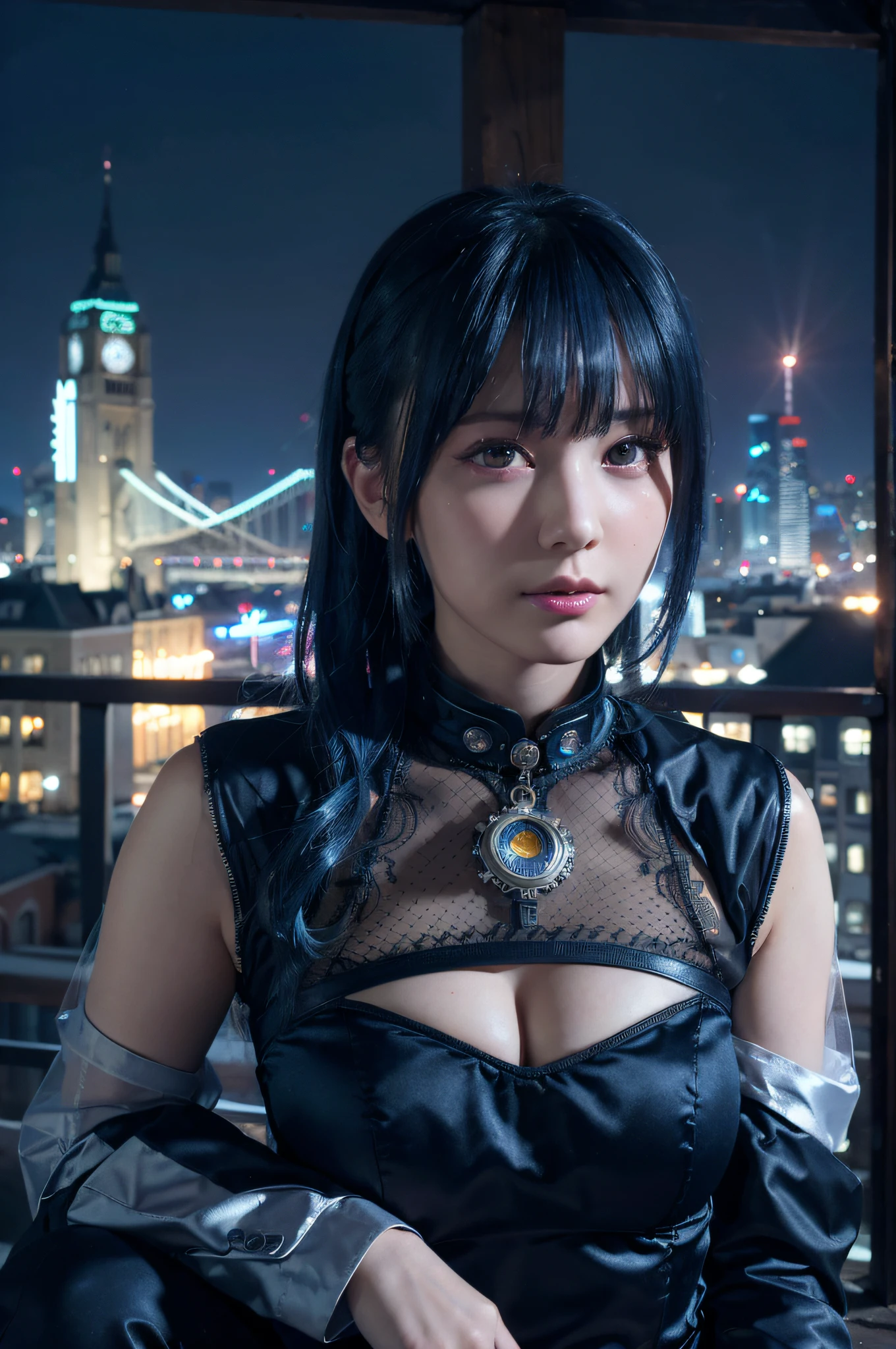 ((masterpiece)), ((best quality)), (ultra-detailed), ((extremely detailed)), 4K, (8K), best quality, (beautiful), dynamic angle, city, town, night, a cute girl, 1girl, solo, steampunk, beautiful blue hair0, ((beautiful eyes)), mesh, cool, neon light, shiny