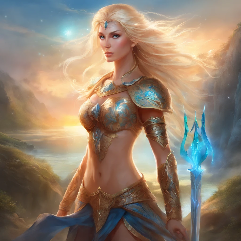 (the)best quality,(highres:1.2),ultra-detailed,(realistic:1.37),Paladin,(female,warrior,brave),bikini armor,(shiny,golden),plate,(protective,strong),body,(confident,posing),bright,(sunny,day),beach,sparkling,(blue,crystal-clear),ocean waves,sandy,(white,glistening) shoreline,palm trees,(tropical,vibrant) flowers,powerful,(heavenly,glowing) light,heroic,(majestic,awe-inspiring) pose,magic,(enchanted,glowing) sword,strong muscles,shield,ancient,(intricate,detailed) engravings,cool breeze,adventurous,(epic,fantasy) atmosphere,wisps of clouds,aurora borealis,sunlight reflecting on the armor+(to)showcase its intricate details,glistening droplets of water on the skin+(to)accentuate the realism,breathtaking scenery,bravery in a new light,empowering representation of a Paladin,celebrating strength and beauty.