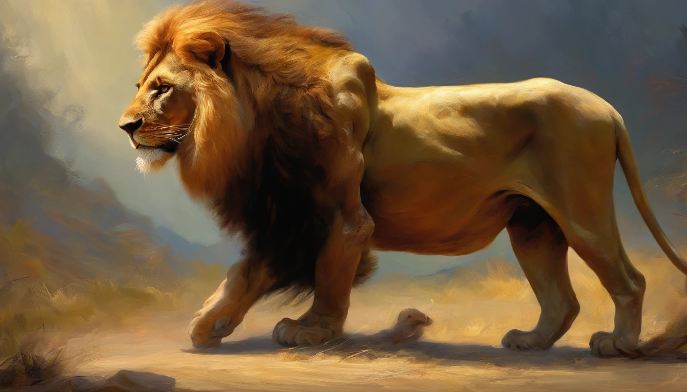 Unique image Samson strong body,cabelos grandes,Fighting with a lion,Epic lightning fight in the background, luta em 4k pintura 4k hd, Great Samson, Em primeiro plano, The lion in the background strong back, corpo forte, Samson stared the lioness in the face
