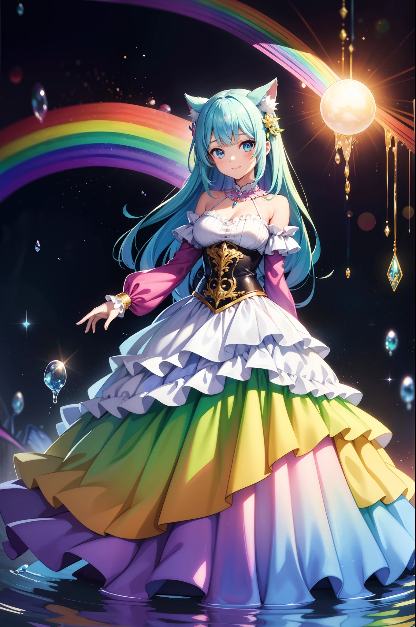 masutepiece, Best Quality, Intricate details,Beautiful Girl, Light blue long hair, Twin-tailed, A charming smile, Sparkling eyes, Otherworldly liquid fantasia background, watercolor paiting, bright vivid colors, capricious, Colorful, Layered Tiered Puffy Long Sleeve Ball Gown, ((iridescent rainbow bubbles))