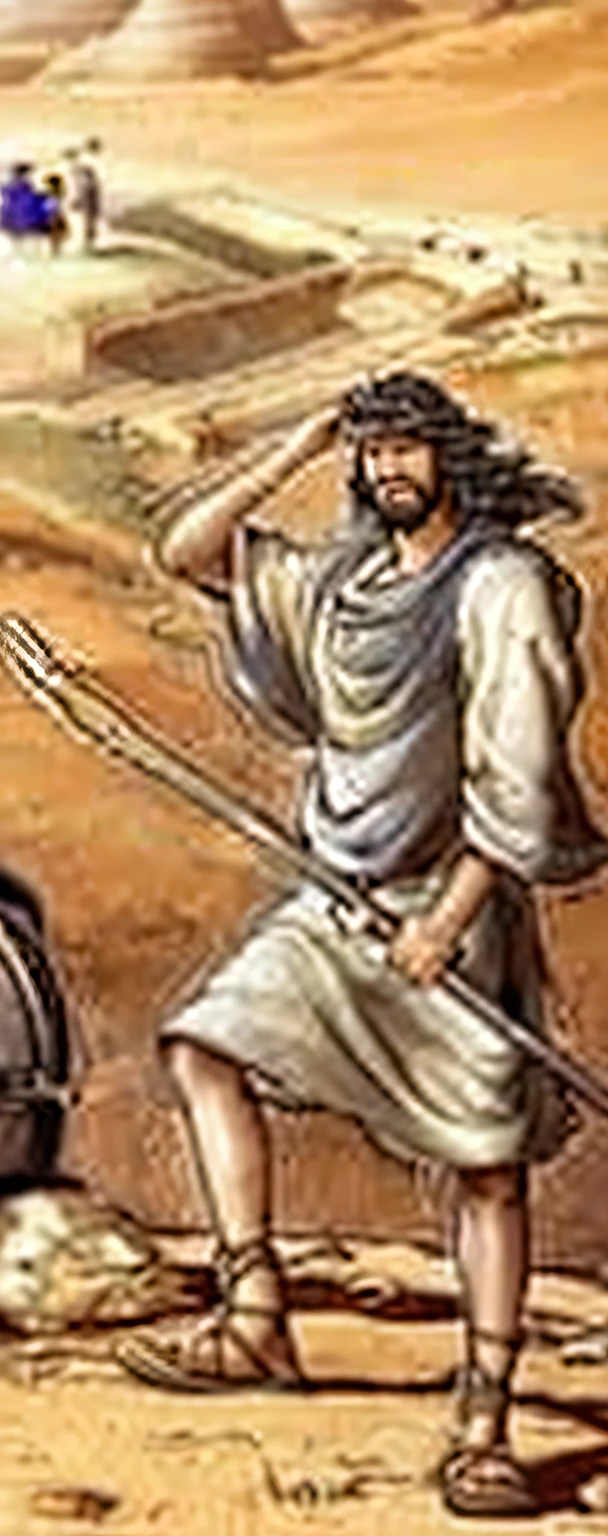 Arafed man with a horse and cart in a desert, epic biblical representation, biblical image, historical artistic depiction, Pintura de Golias, man holding spear, Petros, Mocking Roman Legionary, artistic depiction, jesus christ fighting lucifer, carregando uma espada, ancient mesopotamian warrior, carregando espadas nas costas, holding spear, holding a spear