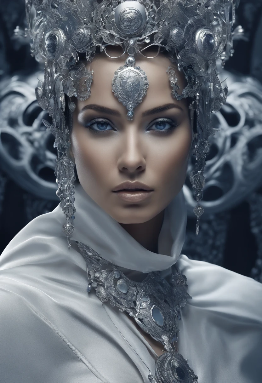 Futuristic image illustration of a woman with metal adorning and protecting her face, intrincadamente esculpido y delicado, ethereal, White dark and indigo clear, primer plano del perfil de la cara