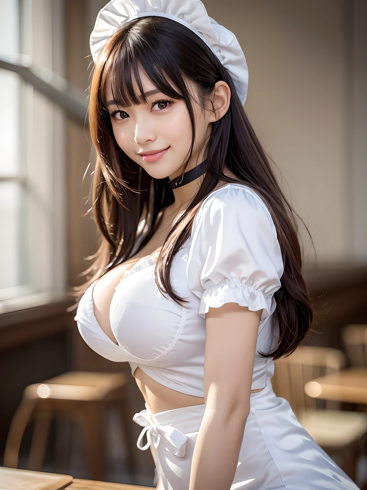 masterpiece, 1 girl per 1 photo, upper body shot, directly front view, a Japanese young pretty woman, wearing a short sleeve satin silky black cute maid costume in the cafe with a big smile, wearing a white frilled headband, a white frilled apron, a black choker, glamorous figure, hyper cute face, glossy lips, sweaty body, double eyelids in both eyes, Natural makeup, long eyelashes, shiny smooth light brown hair of long bob hair, asymmetrical bangs, tanned skin, central image, 8K resolution, high detail, detailed hairstyle, Detailed Face, spectacular cinematic lighting, octane rendering, vibrant, hyper realistic, perfect limbs, perfect anatomy, evil smile,disproportionate breasts,